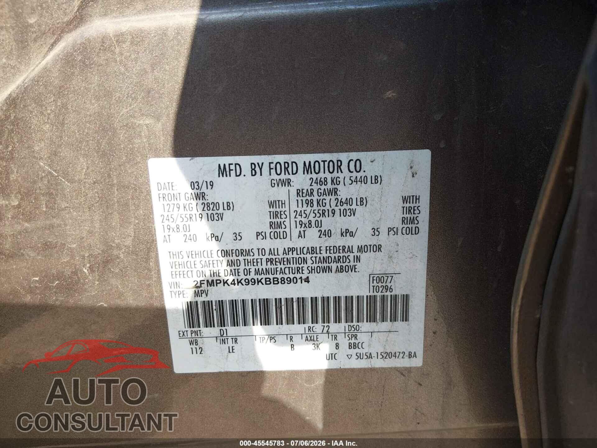 FORD EDGE 2019 - 2FMPK4K99KBB89014