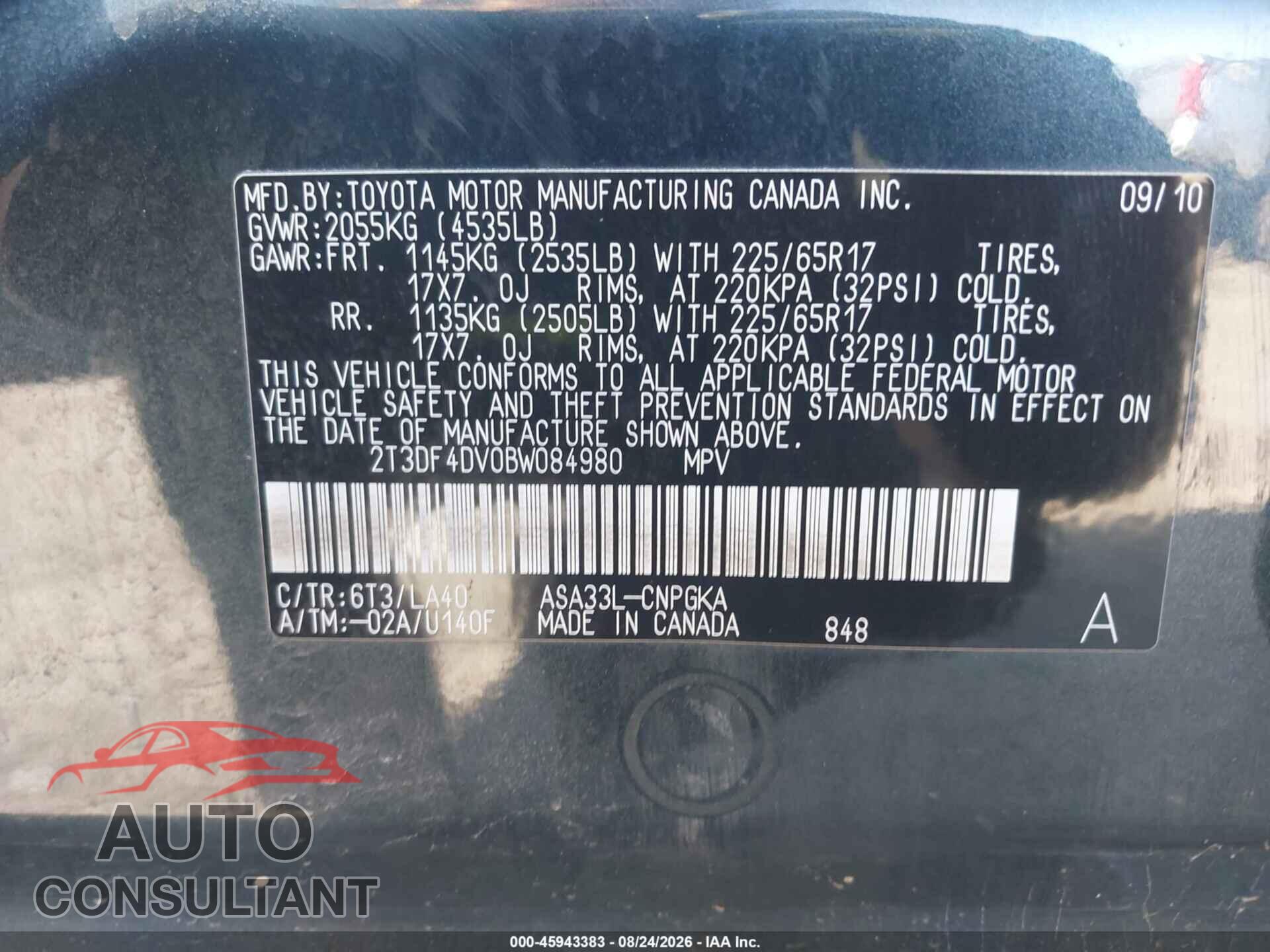 TOYOTA RAV4 2011 - 2T3DF4DV0BW084980