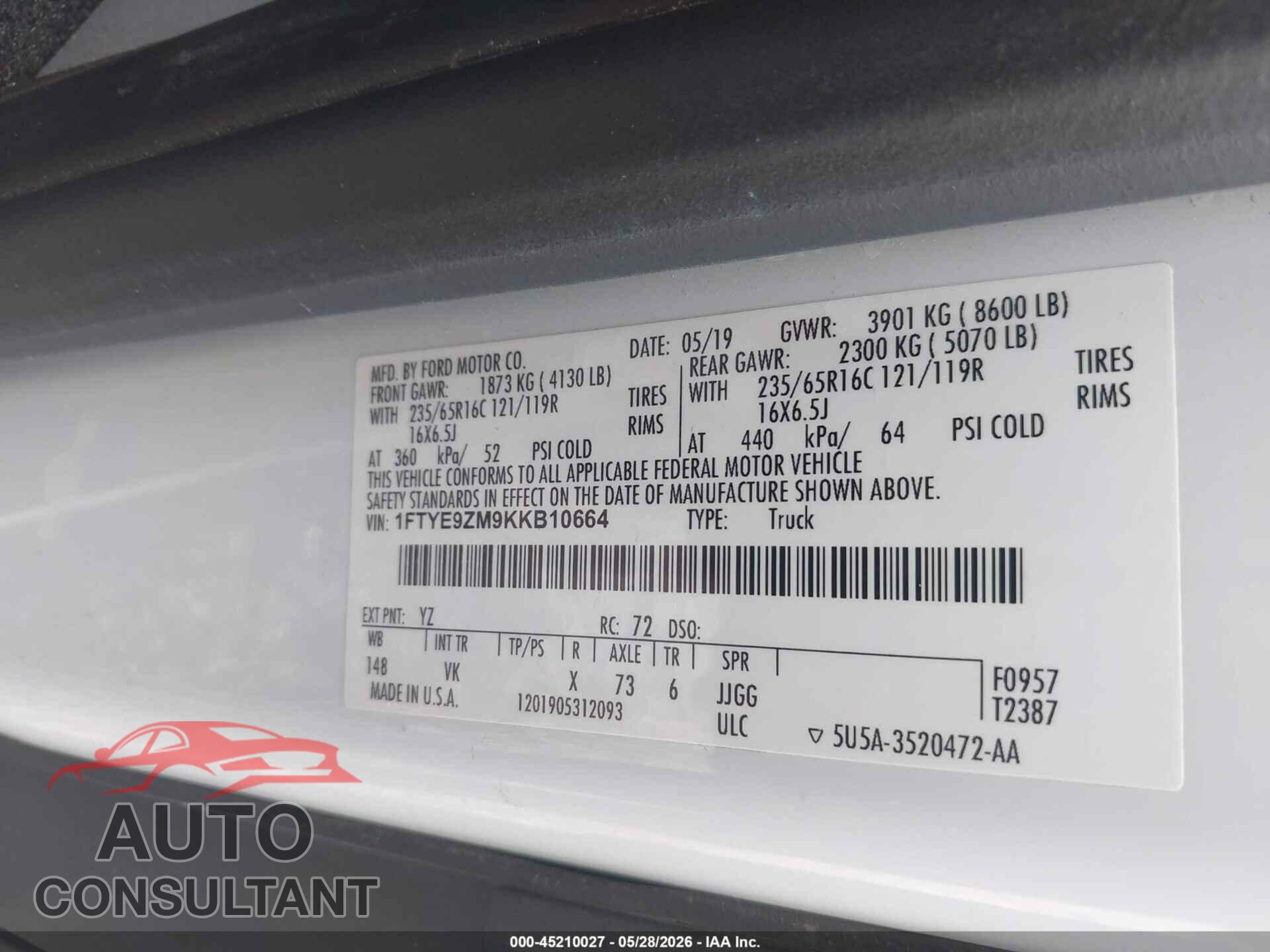 FORD TRANSIT-150 2019 - 1FTYE9ZM9KKB10664