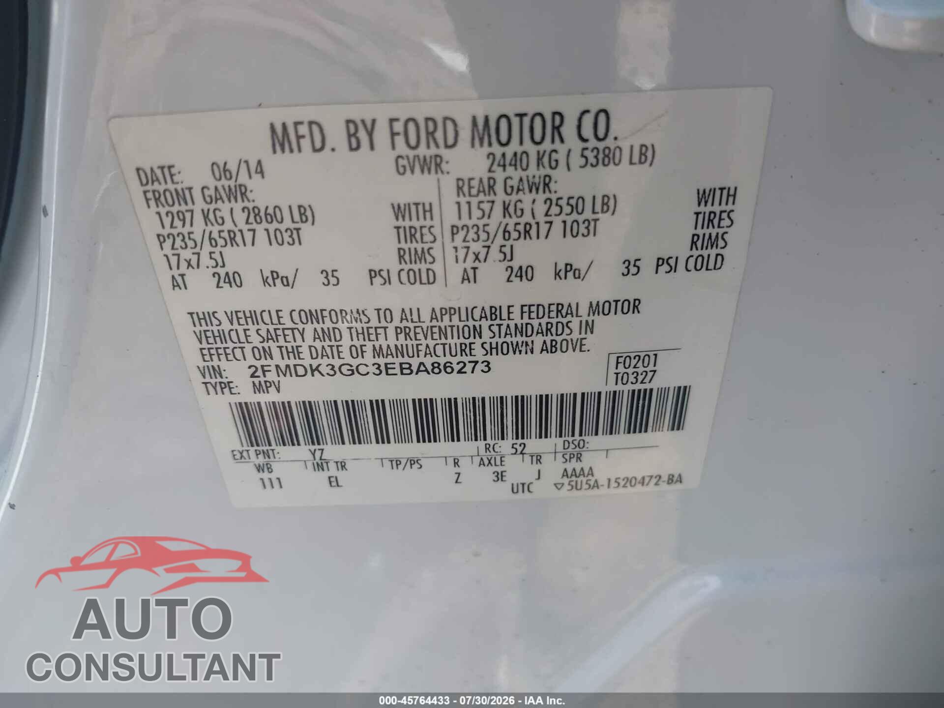 FORD EDGE 2014 - 2FMDK3GC3EBA86273