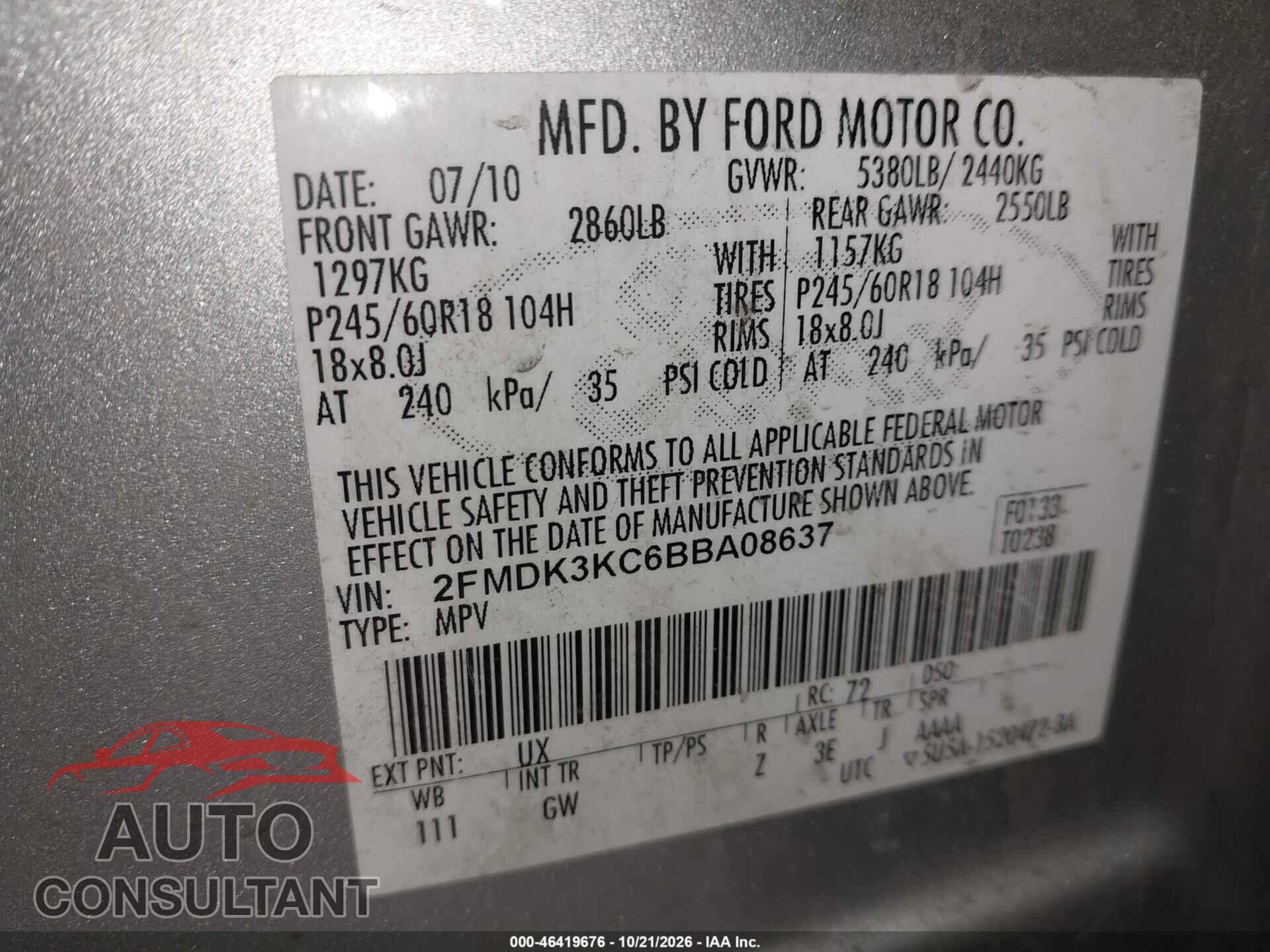 FORD EDGE 2011 - 2FMDK3KC6BBA08637