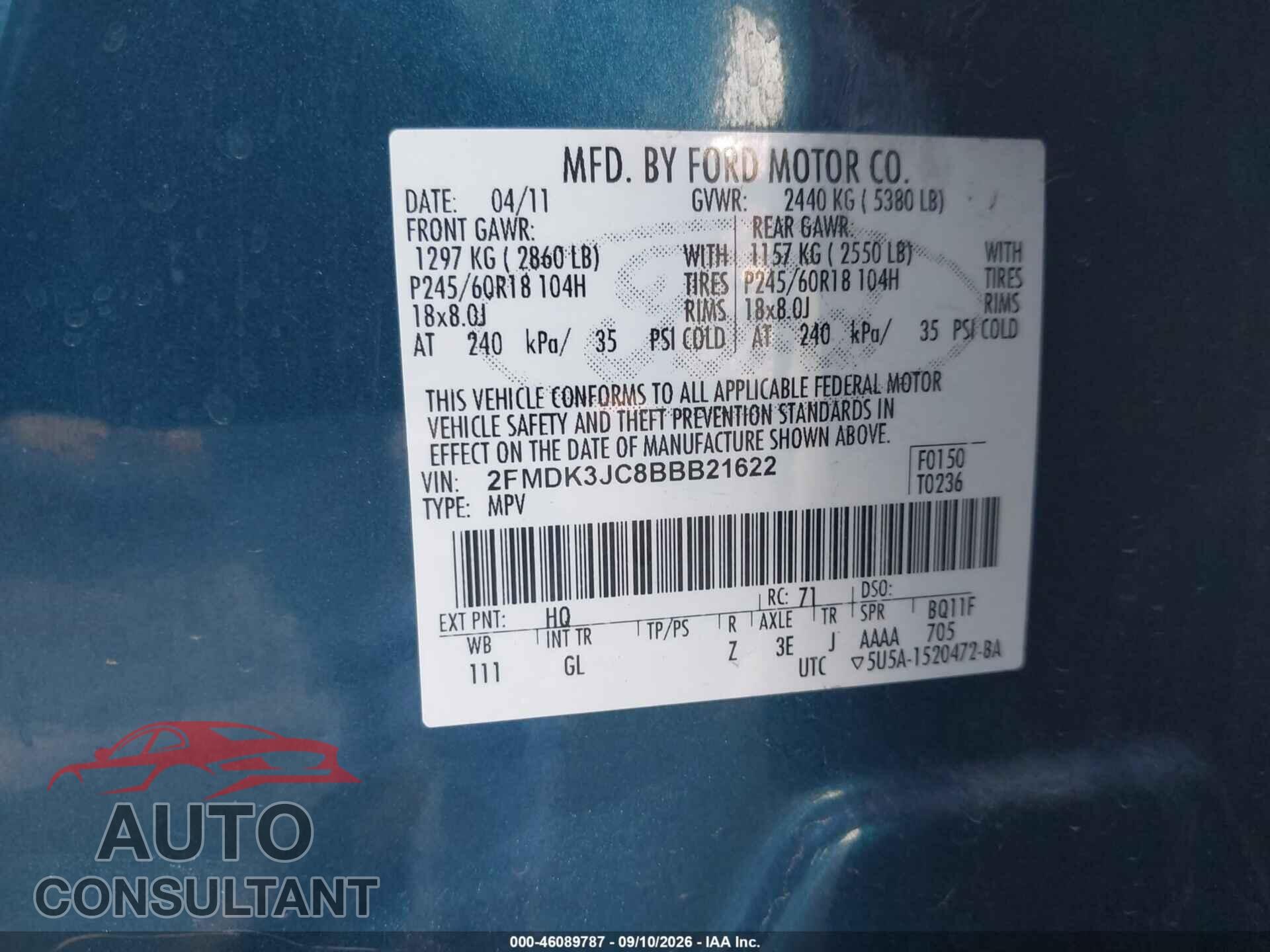 FORD EDGE 2011 - 2FMDK3JC8BBB21622