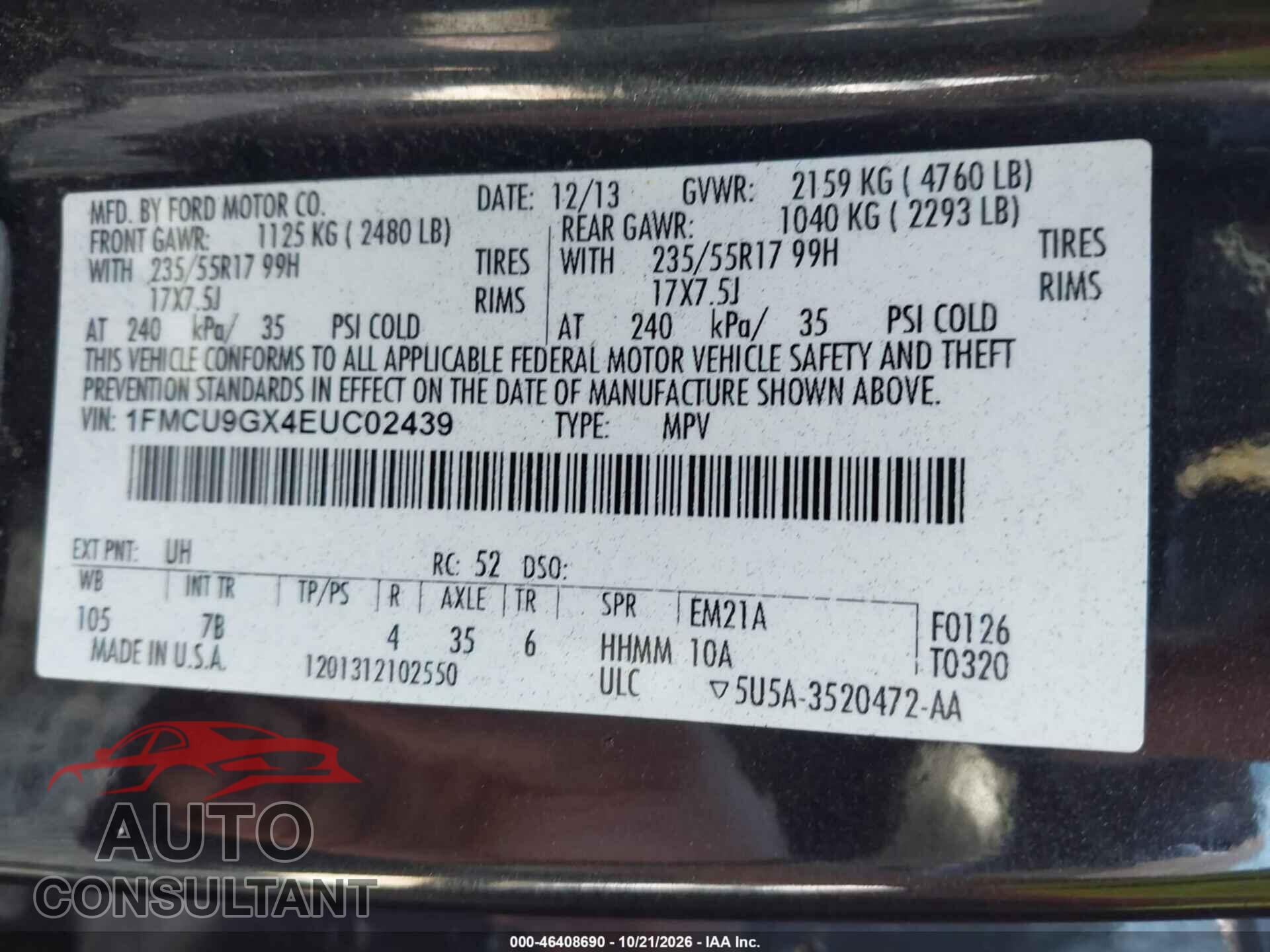 FORD ESCAPE 2014 - 1FMCU9GX4EUC02439