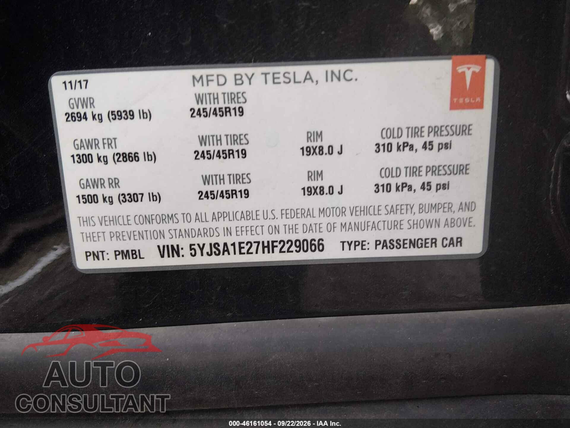 TESLA MODEL S 2017 - 5YJSA1E27HF229066