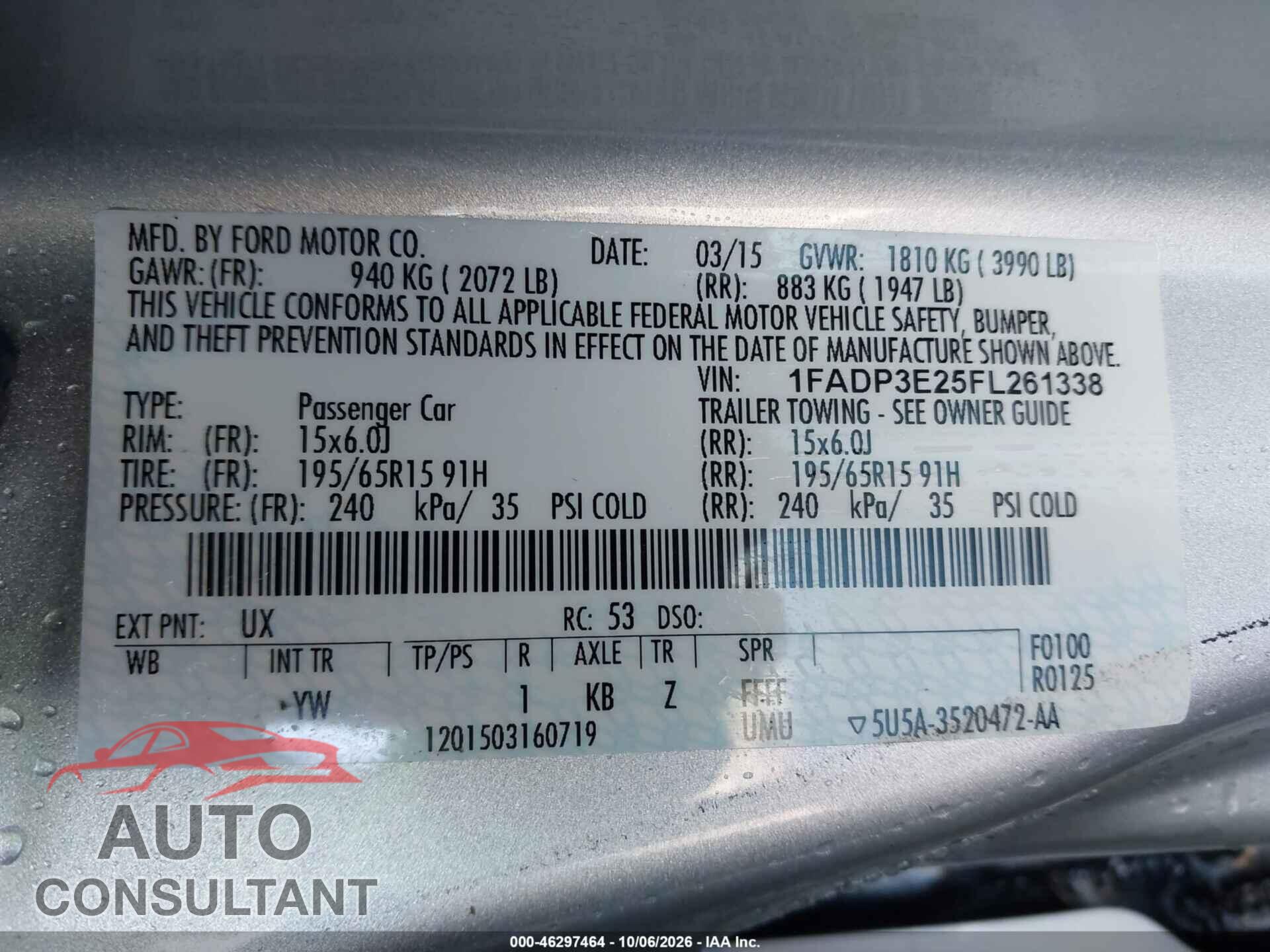 FORD FOCUS 2015 - 1FADP3E25FL261338