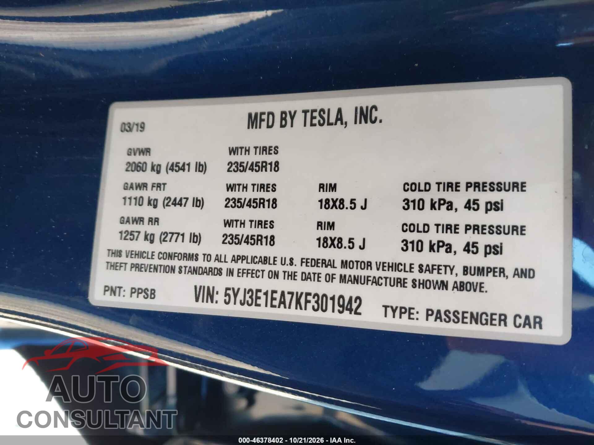 TESLA MODEL 3 2019 - 5YJ3E1EA7KF301942
