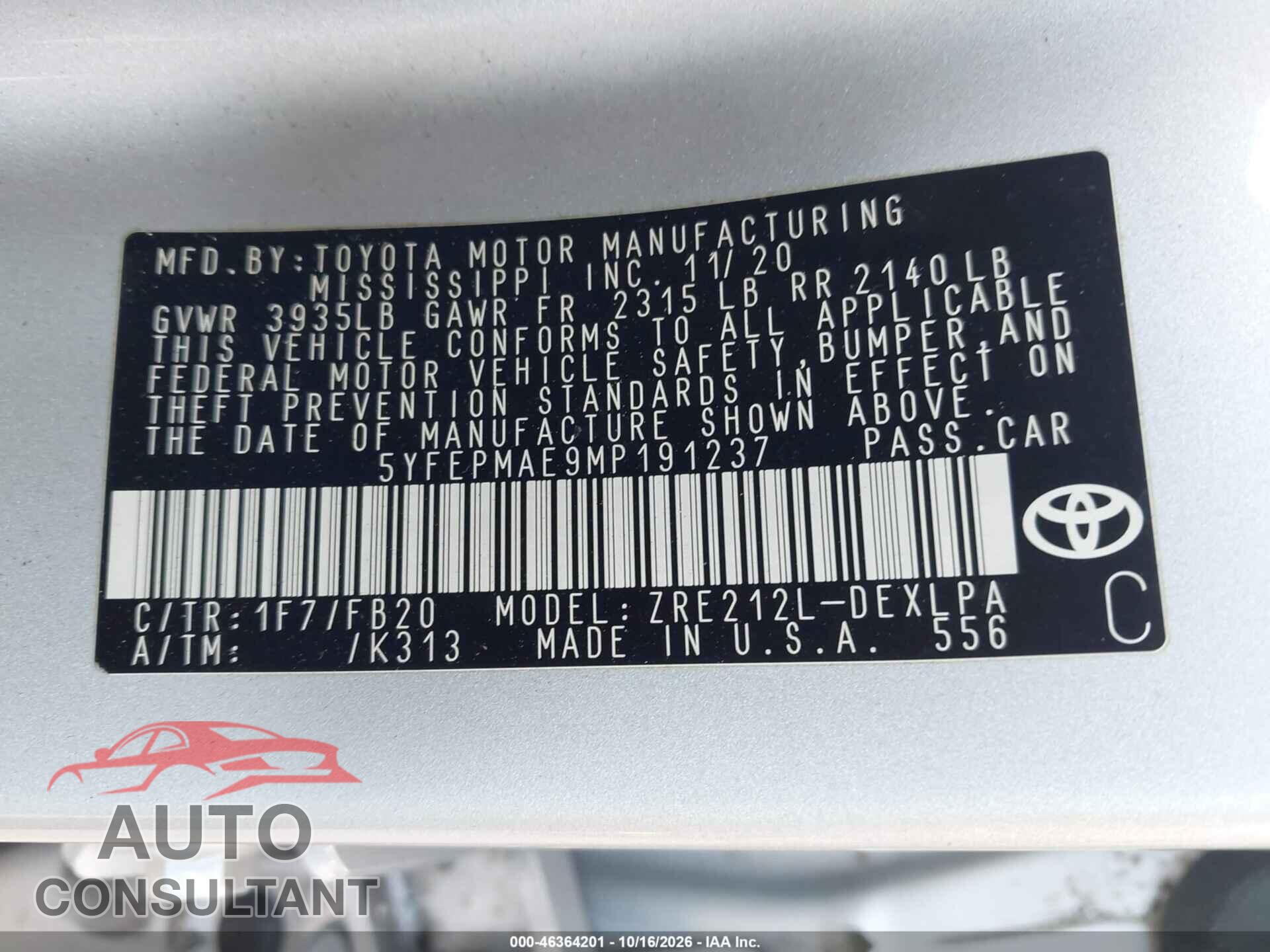 TOYOTA COROLLA 2021 - 5YFEPMAE9MP191237