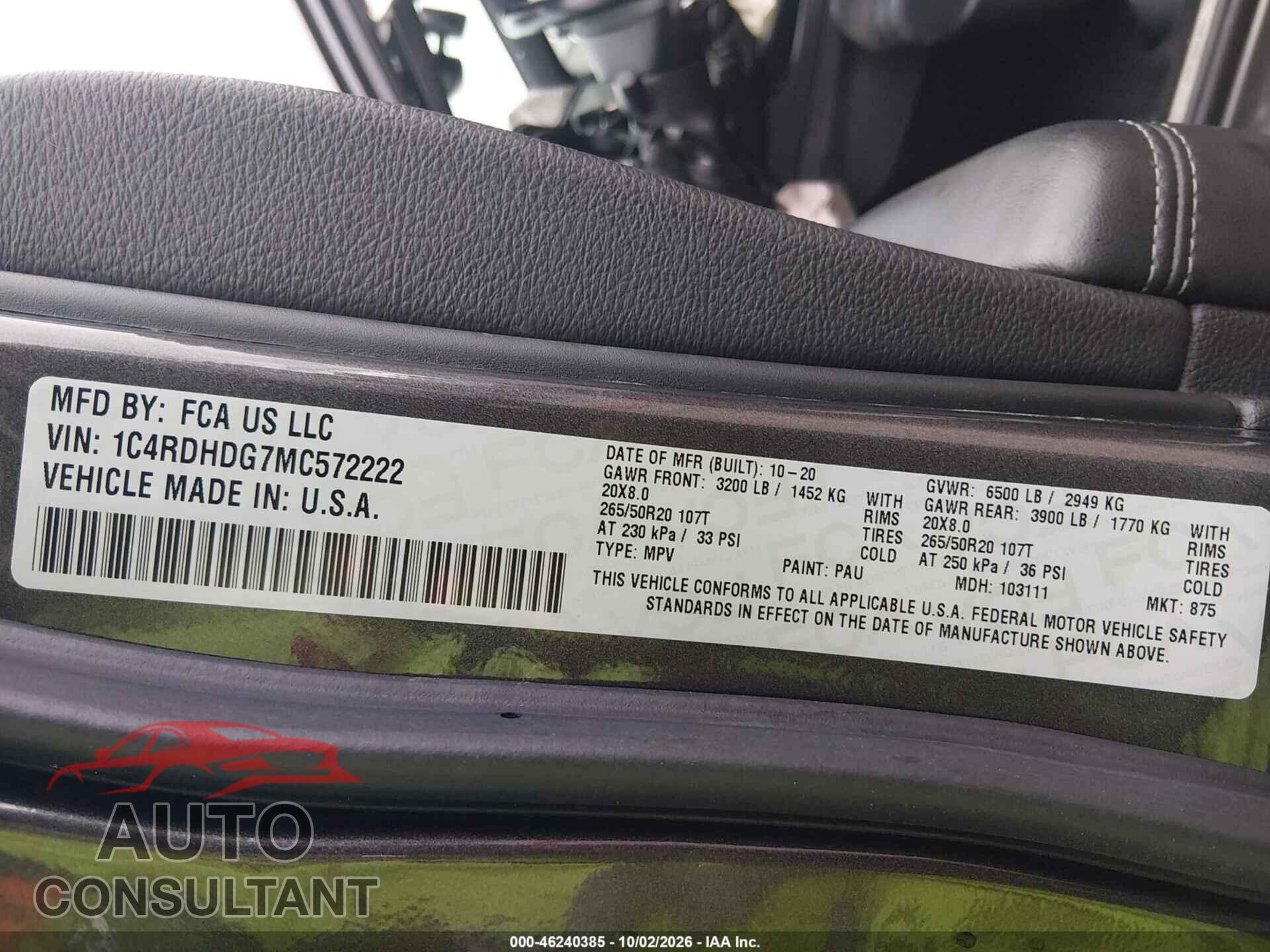 DODGE DURANGO 2021 - 1C4RDHDG7MC572222