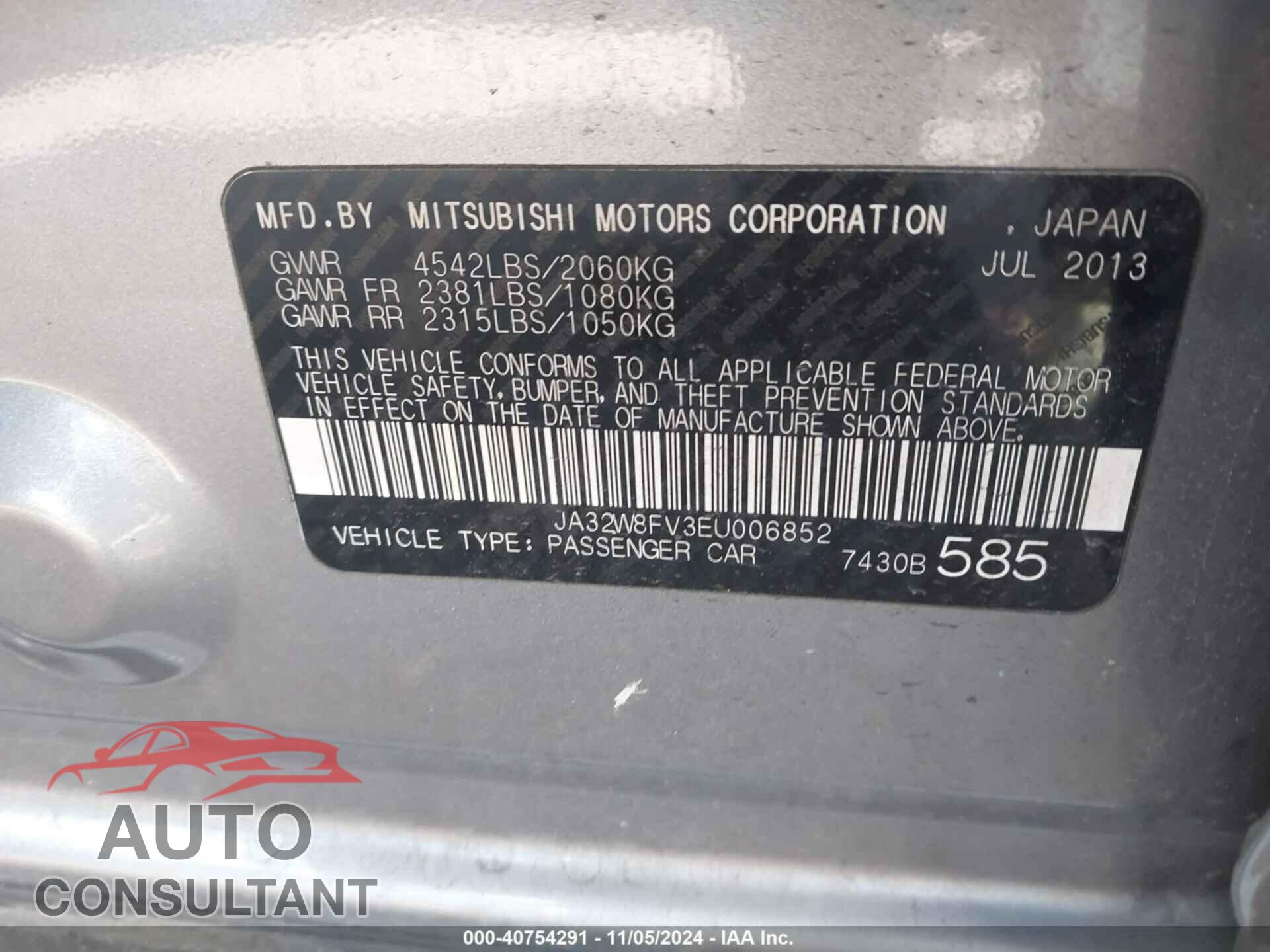 MITSUBISHI LANCER EVOLUTION 2014 - JA32W8FV3EU006852
