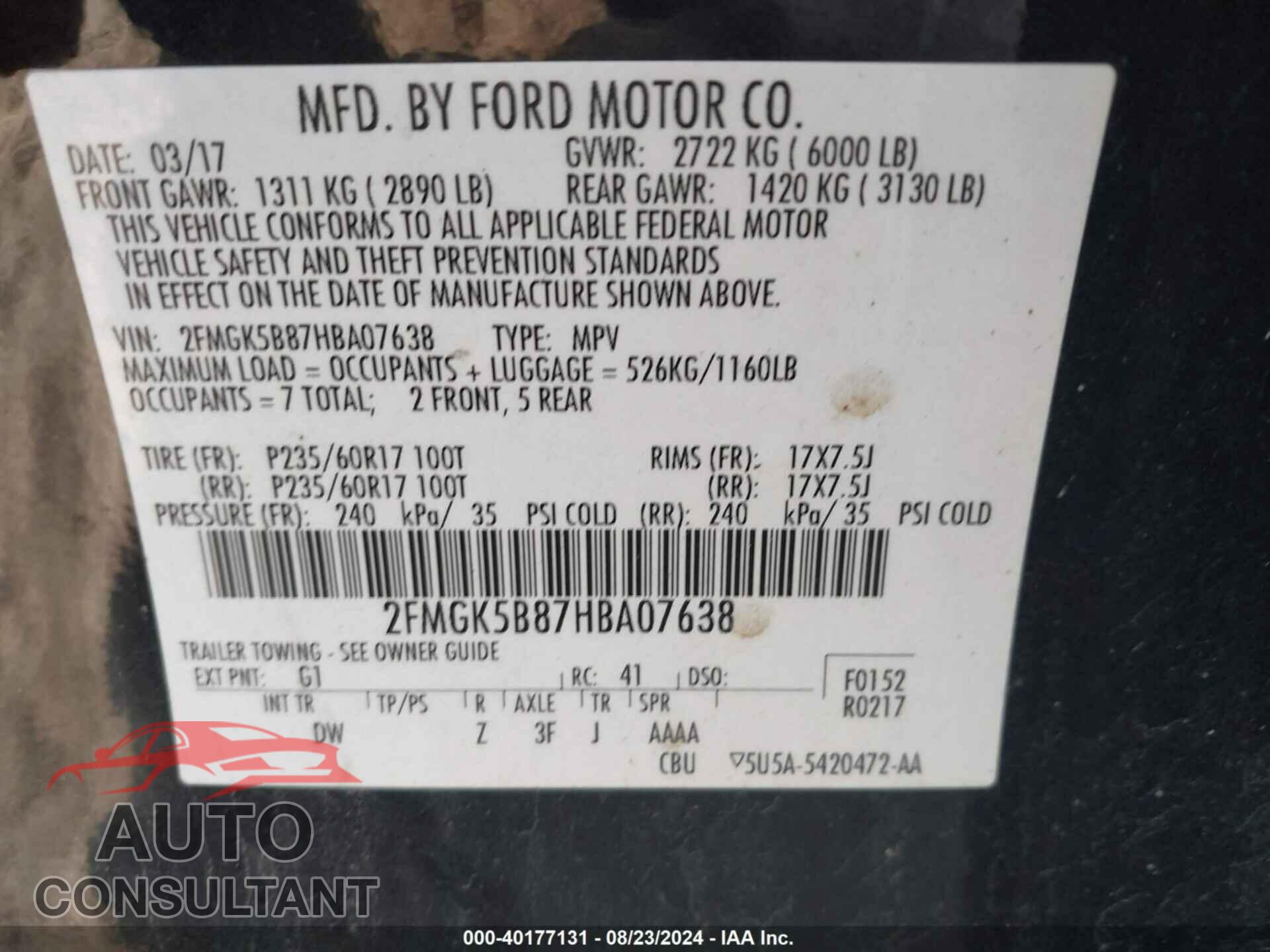 FORD FLEX 2017 - 2FMGK5B87HBA07638