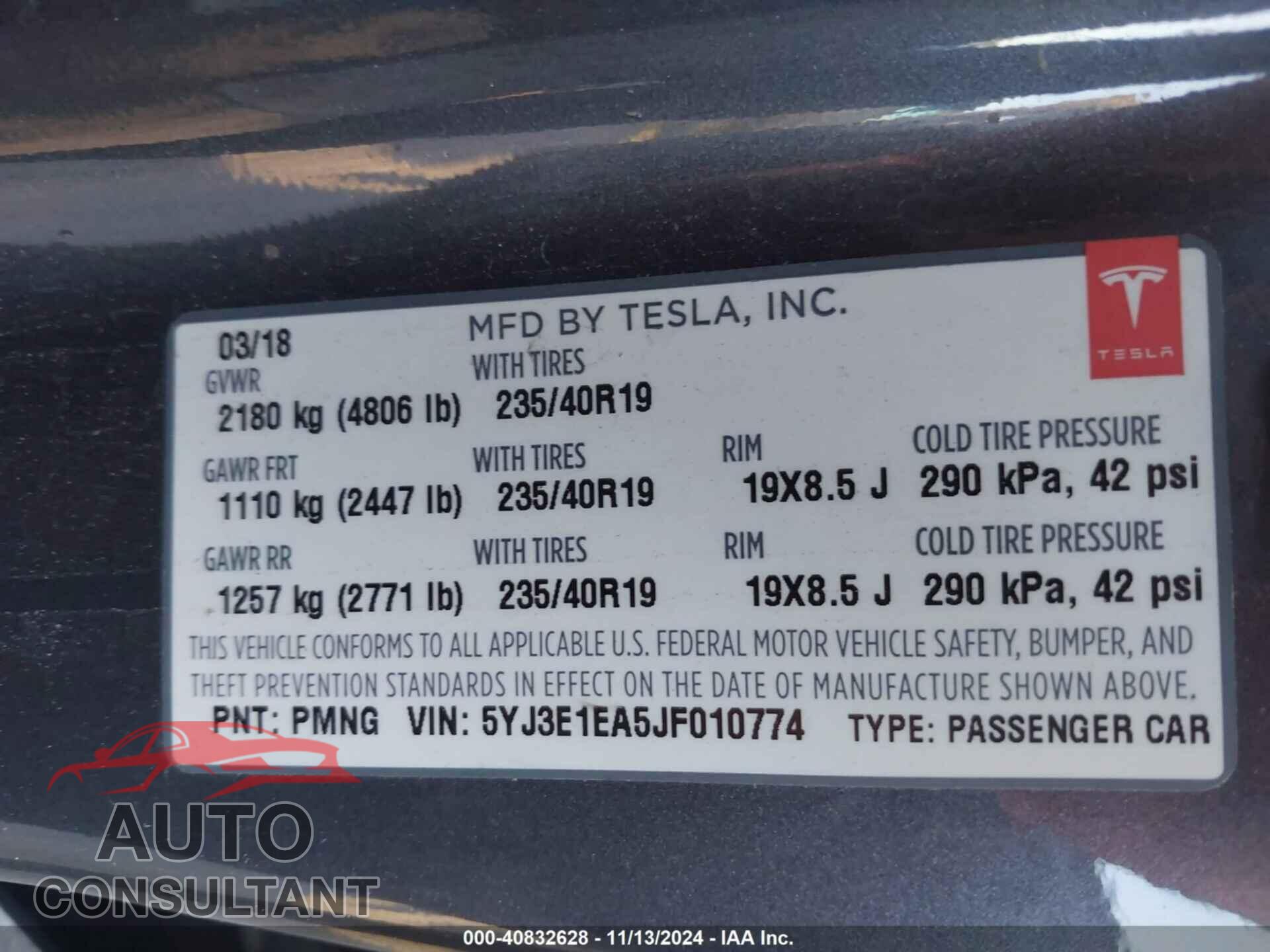 TESLA MODEL 3 2018 - 5YJ3E1EA5JF010774