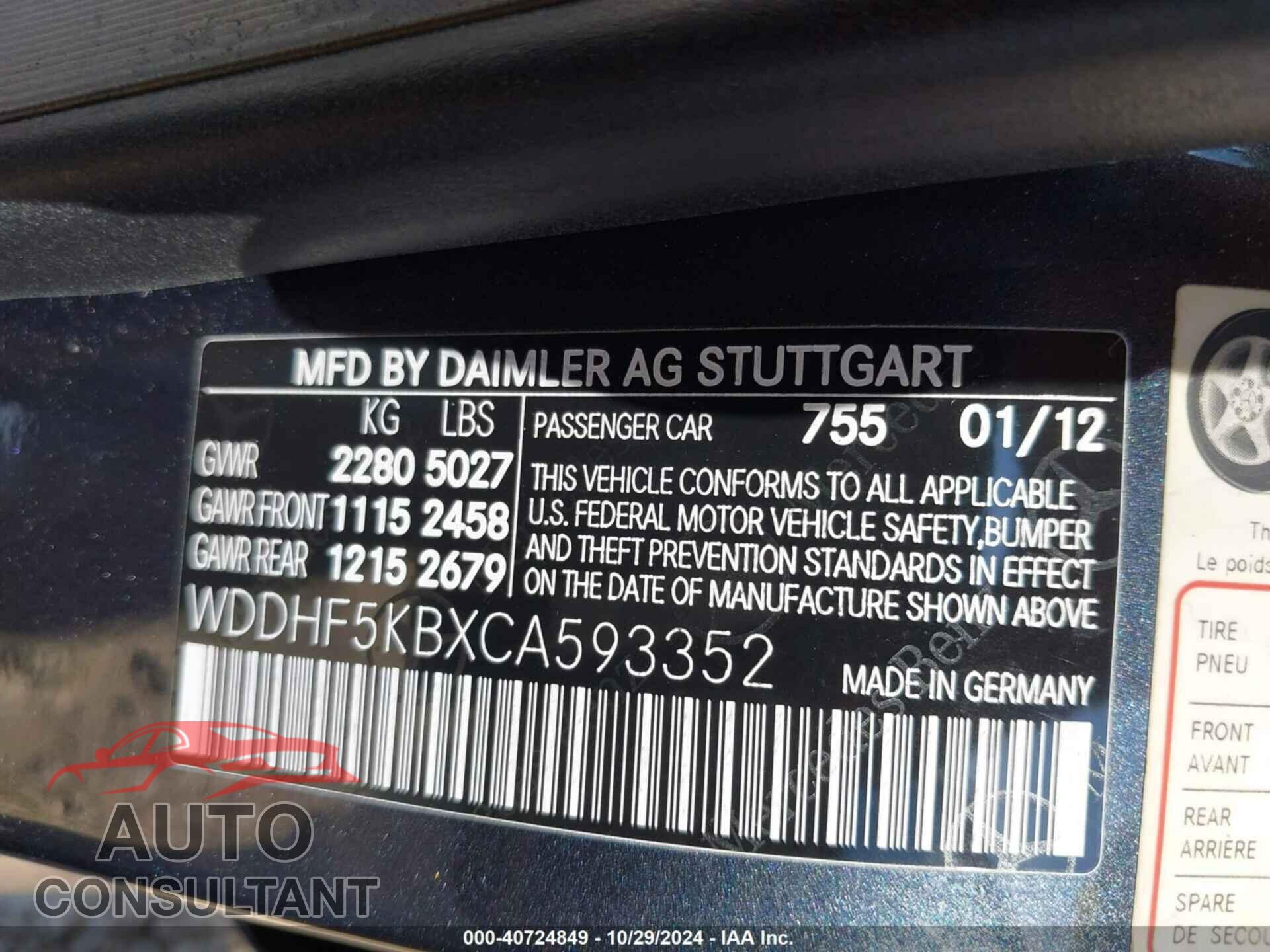 MERCEDES-BENZ E 350 2012 - WDDHF5KBXCA593352
