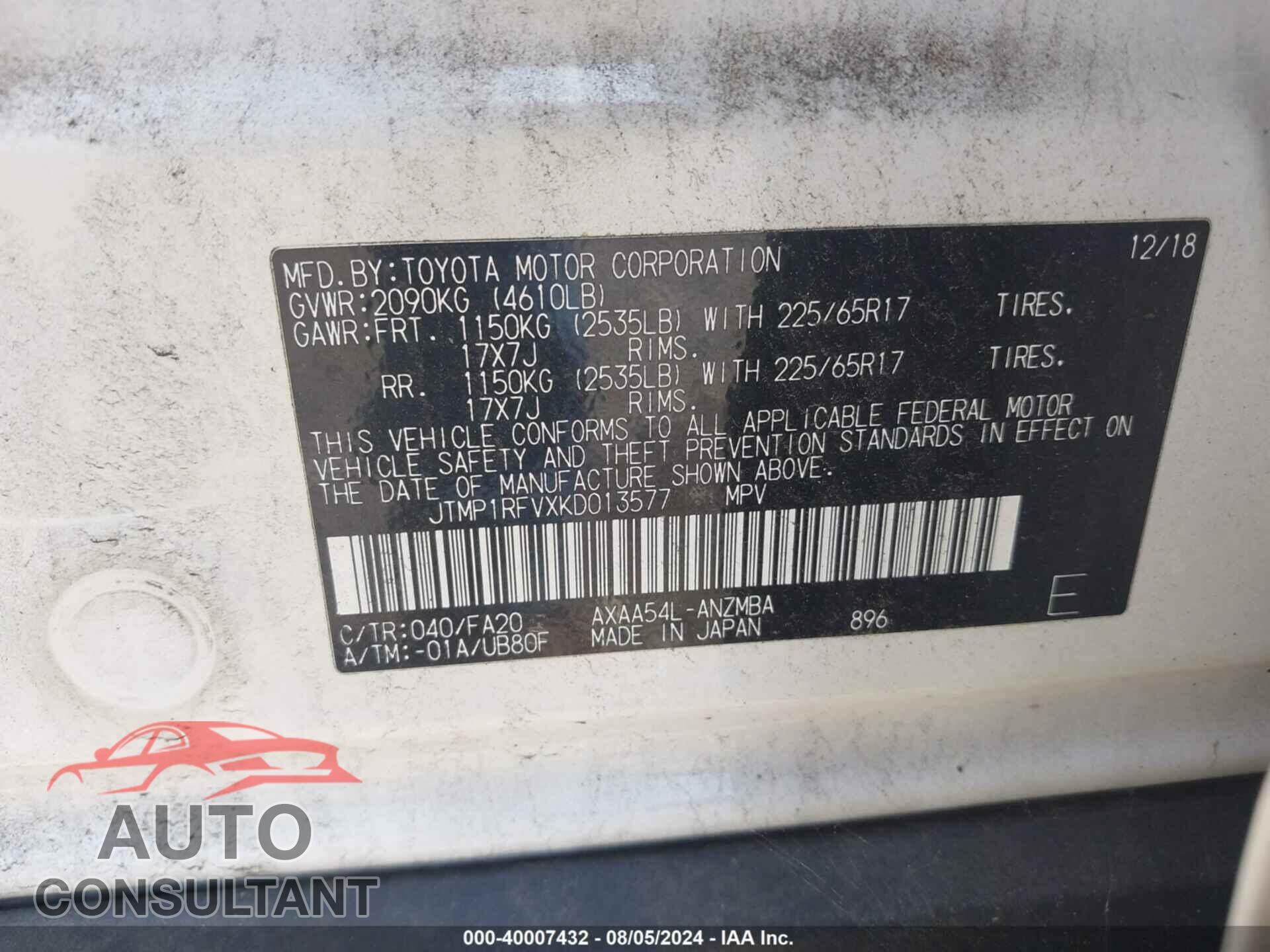 TOYOTA RAV4 2019 - JTMP1RFVXKD013577