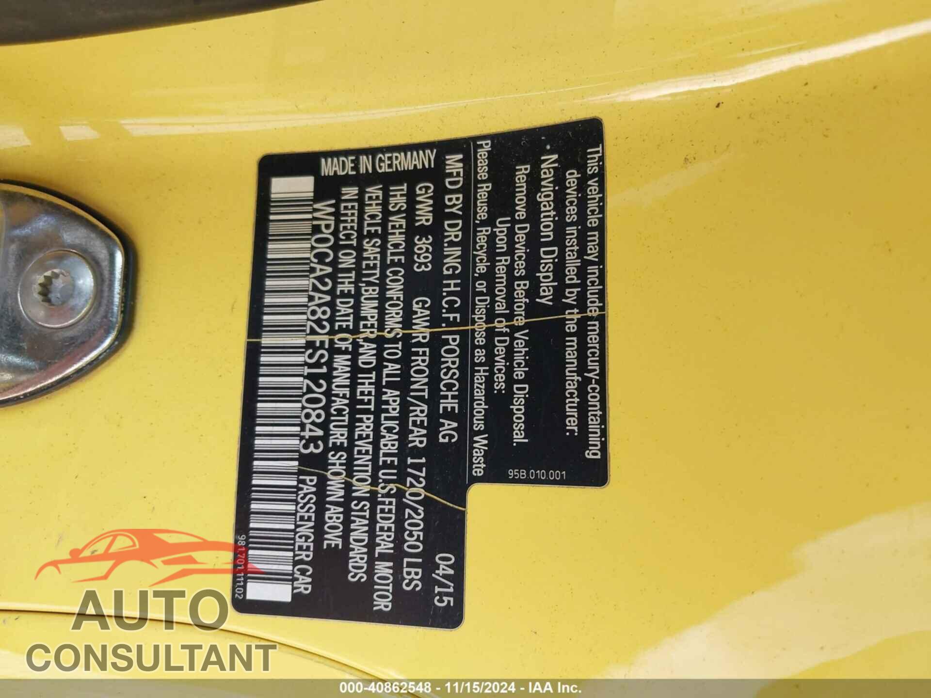 PORSCHE BOXSTER 2015 - WP0CA2A82FS120843