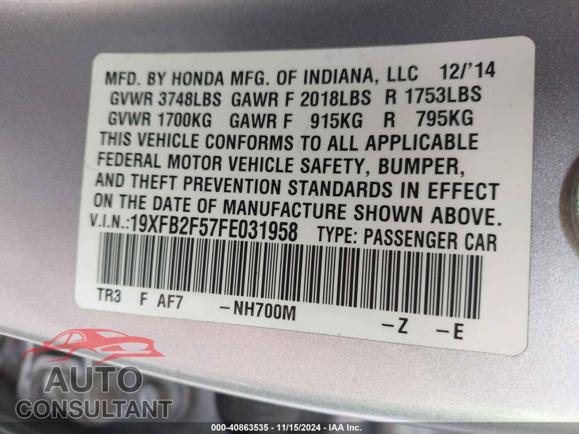 HONDA CIVIC 2015 - 19XFB2F57FE031958