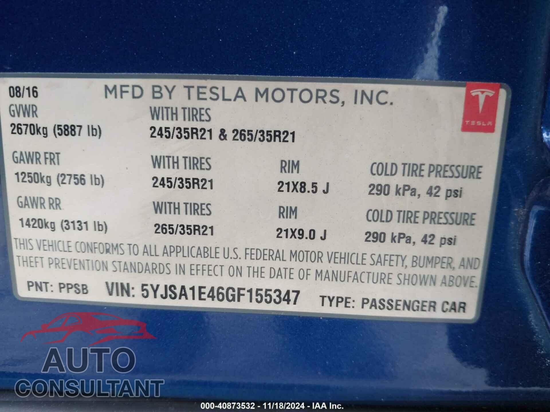 TESLA MODEL S 2016 - 5YJSA1E46GF155347