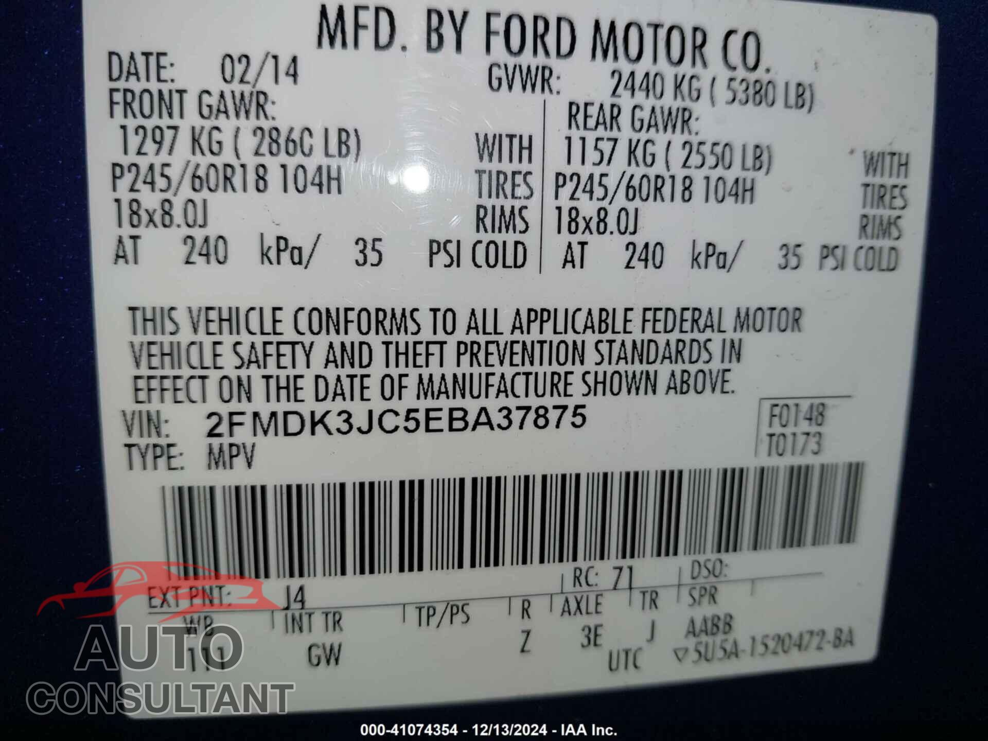 FORD EDGE 2014 - 2FMDK3JC5EBA37875