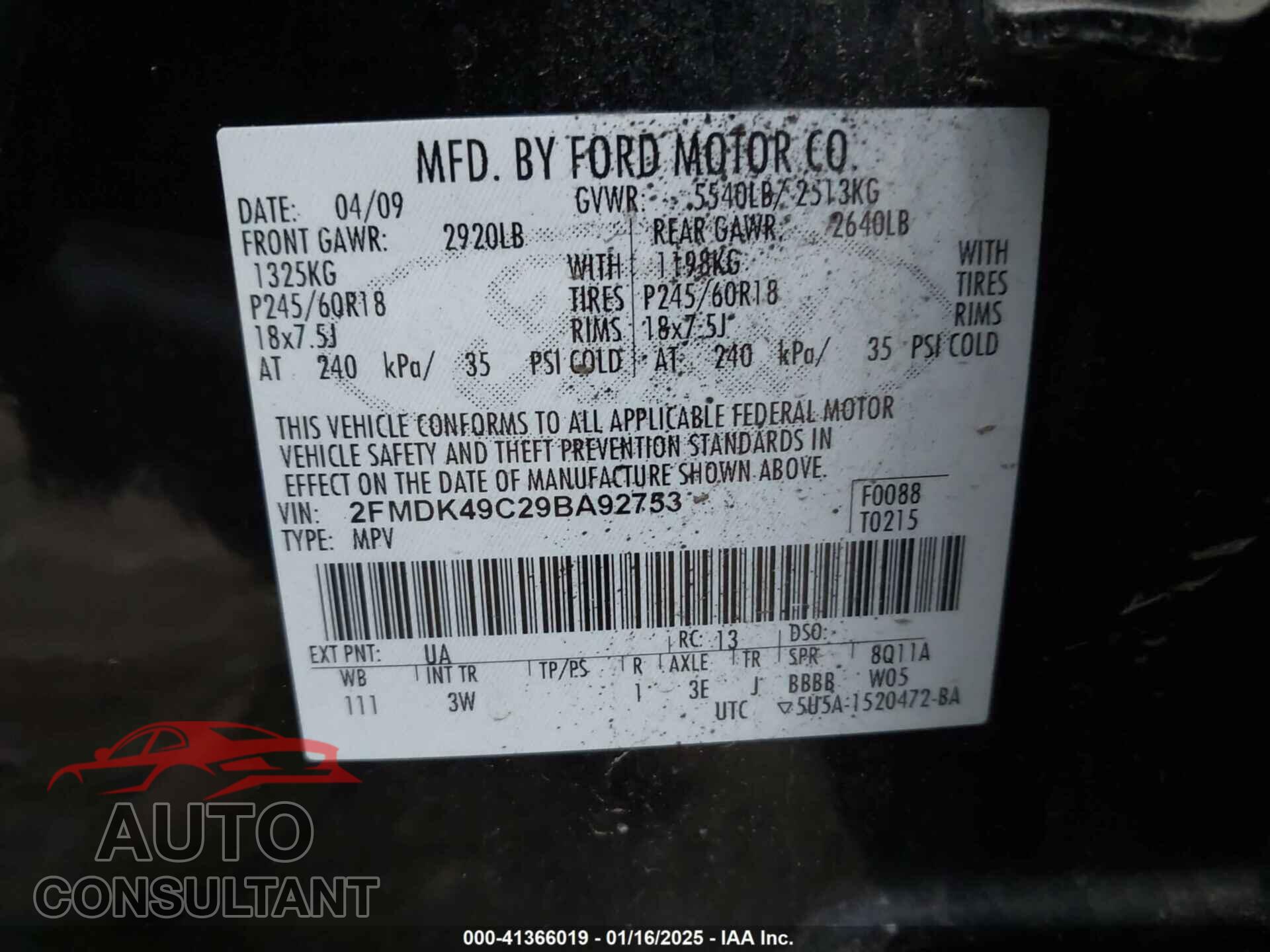 FORD EDGE 2009 - 2FMDK49C29BA92753