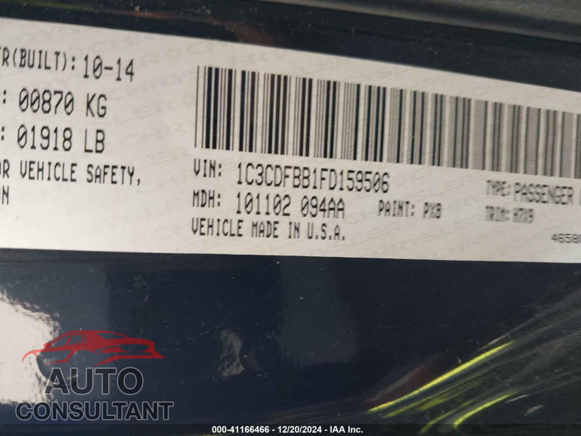 DODGE DART 2015 - 1C3CDFBB1FD159506