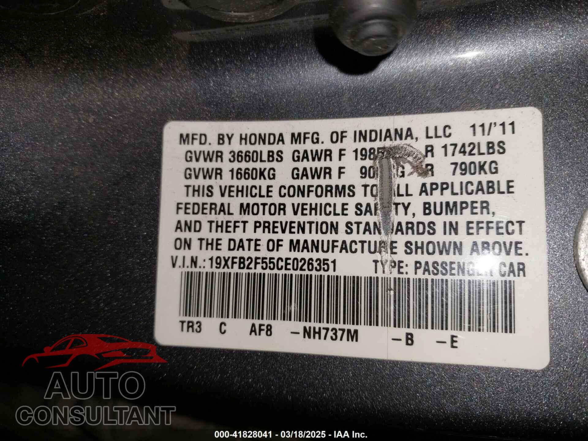 HONDA CIVIC 2012 - 19XFB2F55CE026351