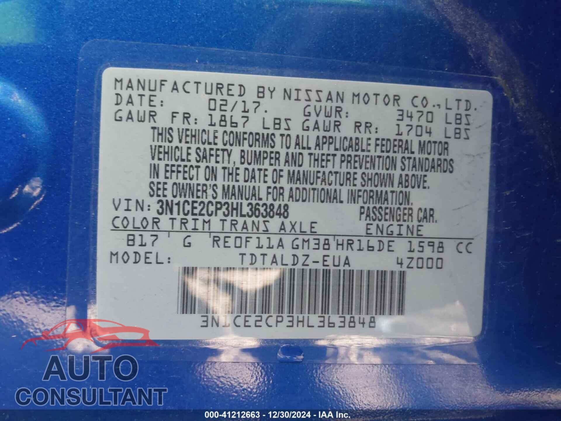 NISSAN VERSA NOTE 2017 - 3N1CE2CP3HL363848