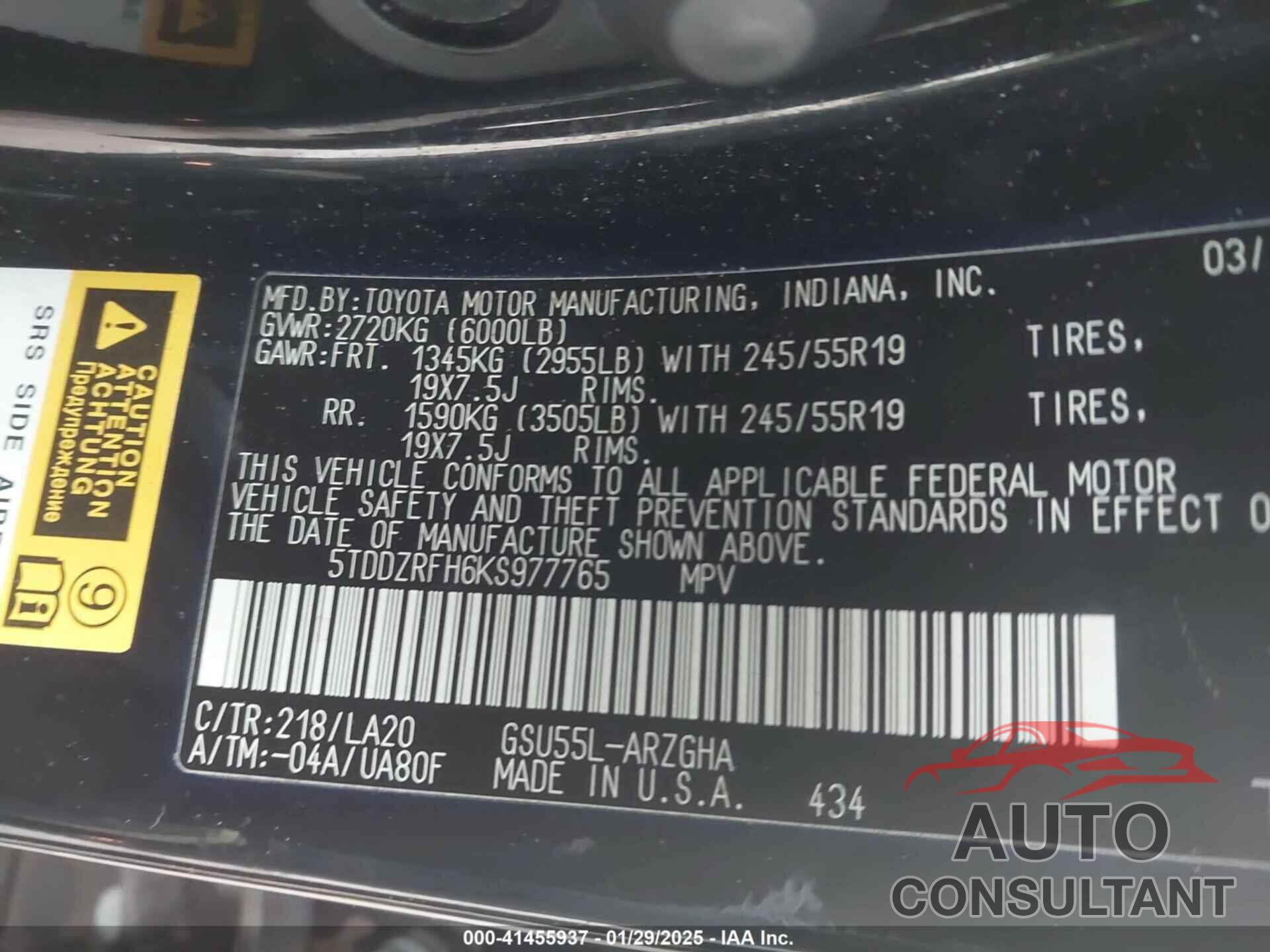 TOYOTA HIGHLANDER 2019 - 5TDDZRFH6KS977765