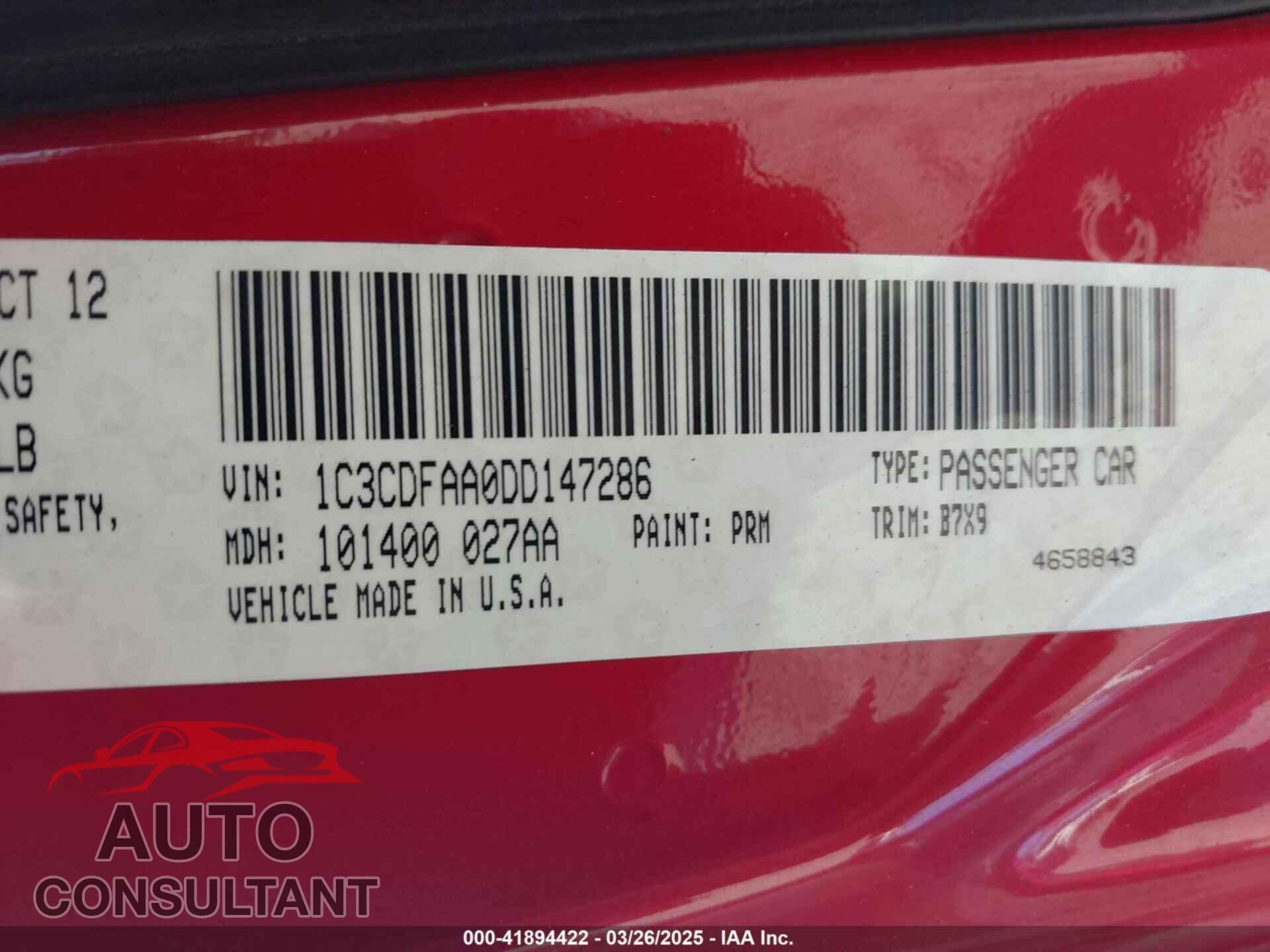DODGE DART 2013 - 1C3CDFAA0DD147286