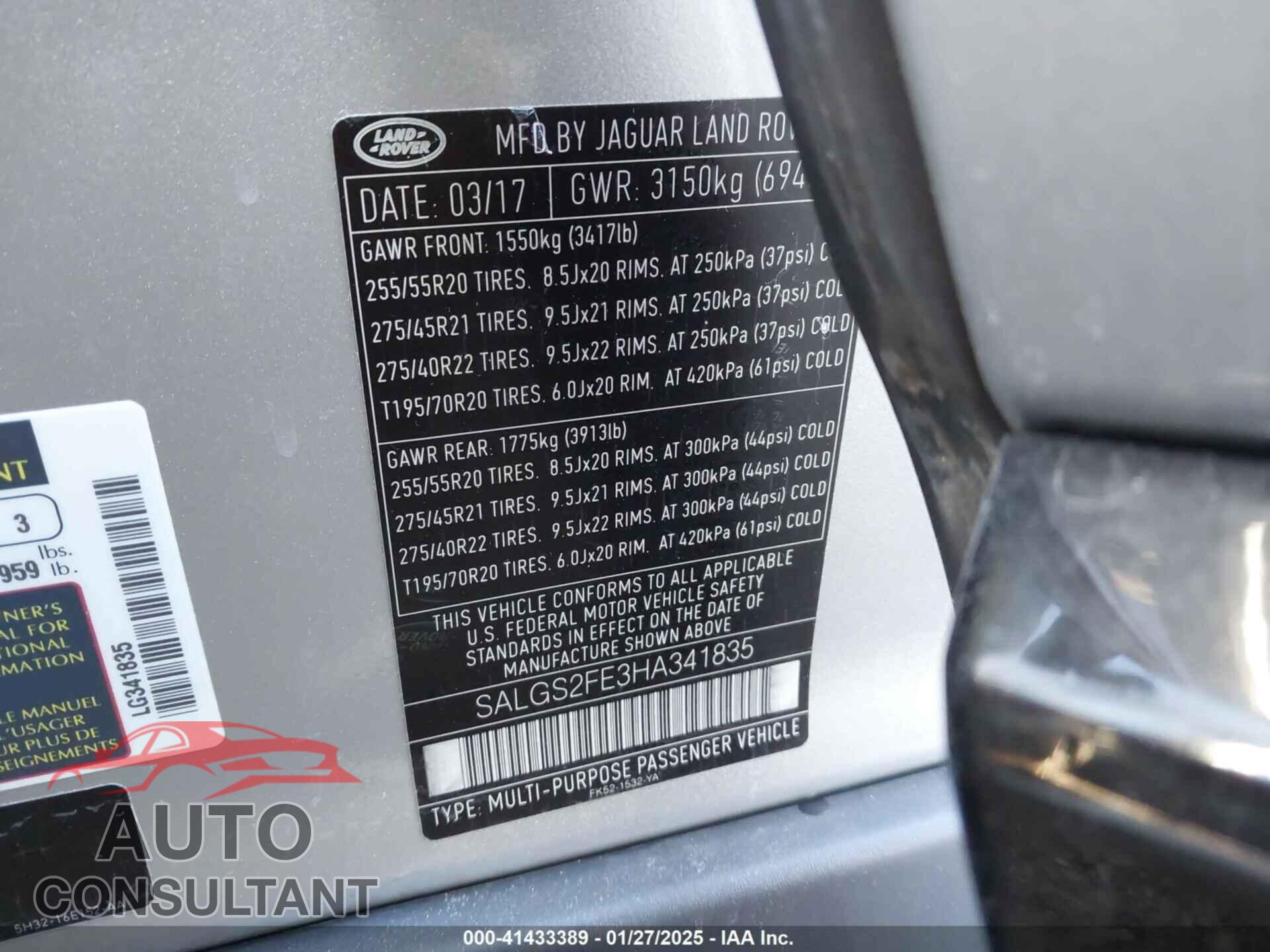 LAND ROVER RANGE ROVER 2017 - SALGS2FE3HA341835