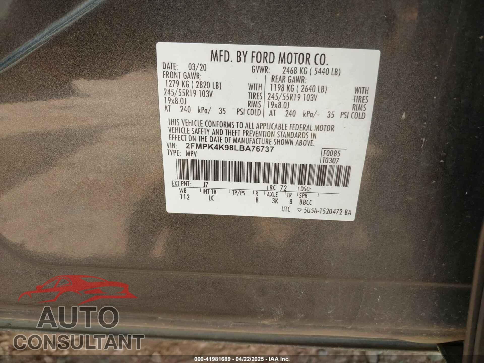 FORD EDGE 2020 - 2FMPK4K98LBA76737