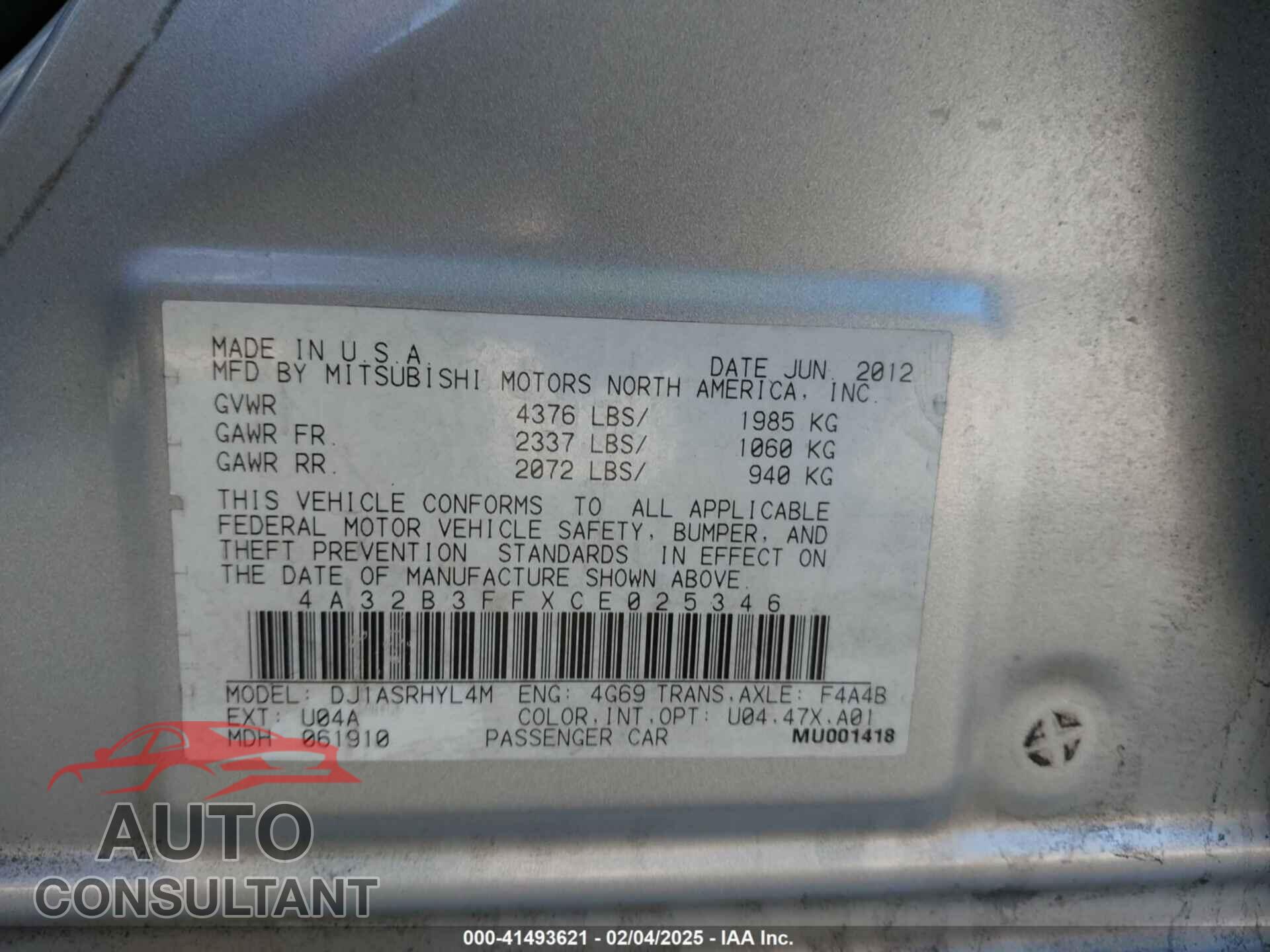 MITSUBISHI GALANT 2012 - 4A32B3FFXCE025346