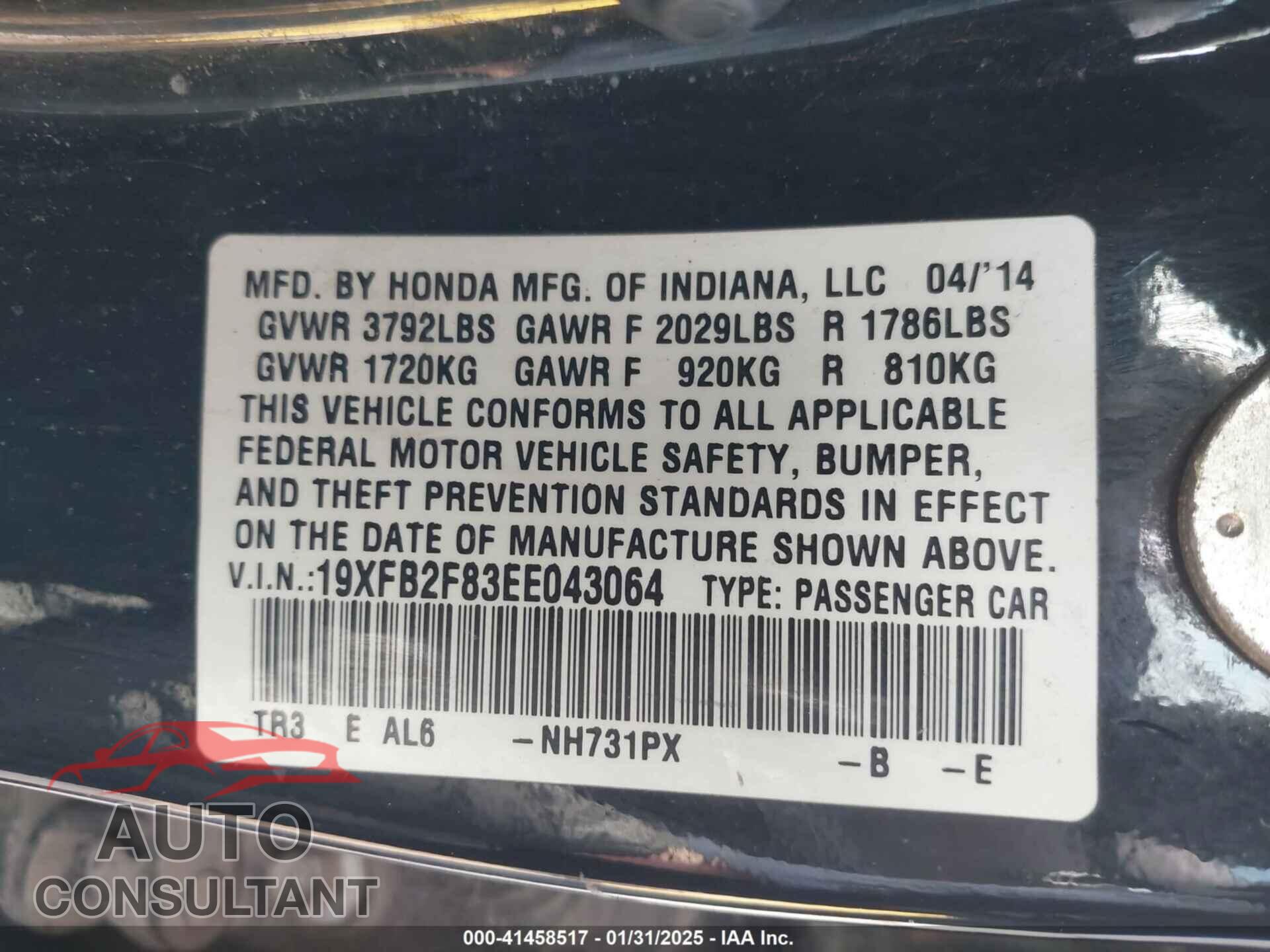 HONDA CIVIC 2014 - 19XFB2F83EE043064