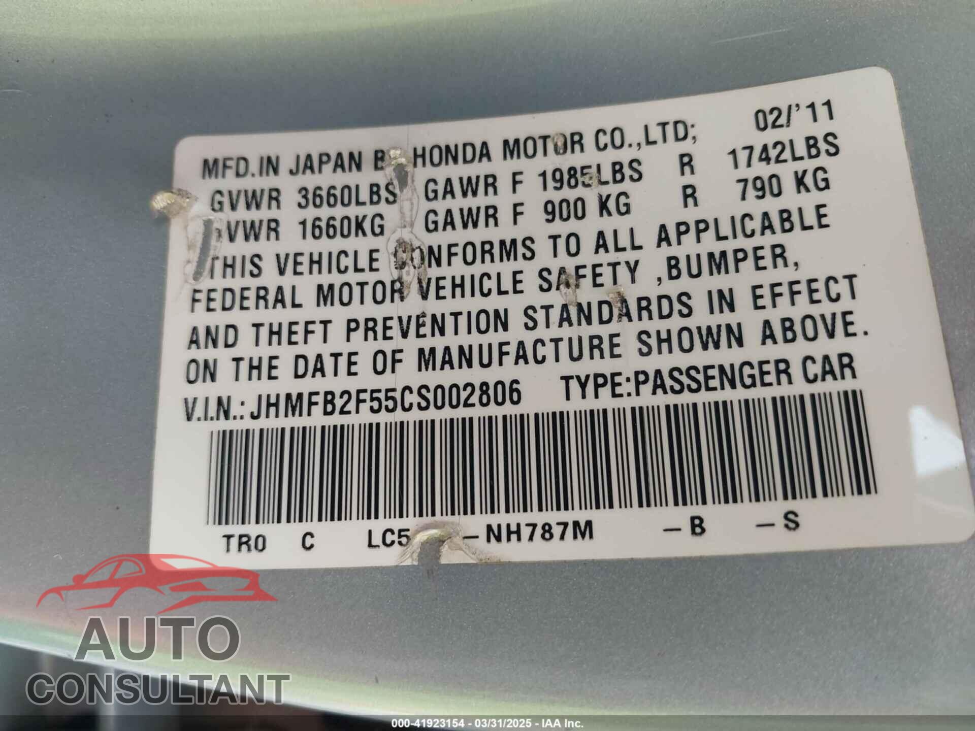HONDA CIVIC 2012 - JHMFB2F55CS002806