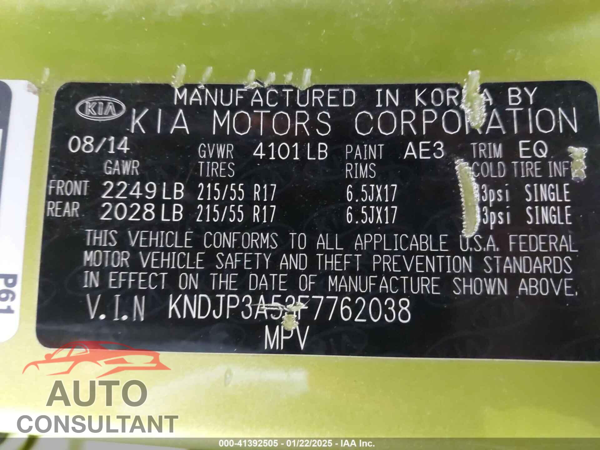 KIA SOUL 2015 - KNDJP3A53F7762038