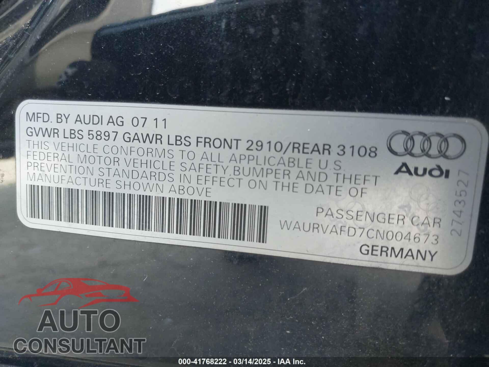 AUDI A8 L 2012 - WAURVAFD7CN004673