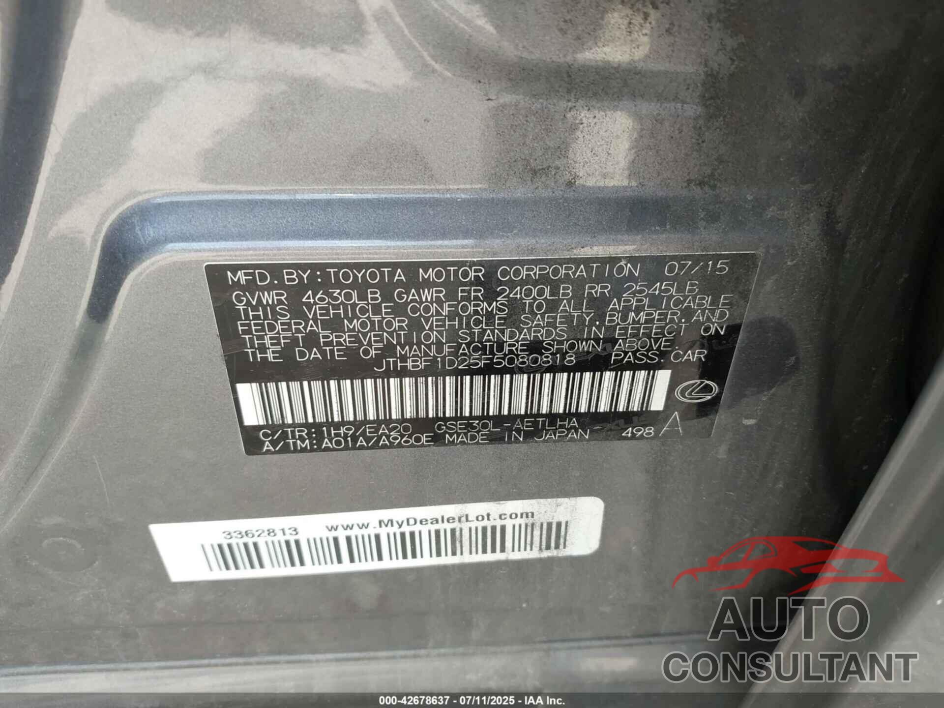 LEXUS IS 250 2015 - JTHBF1D25F5080818