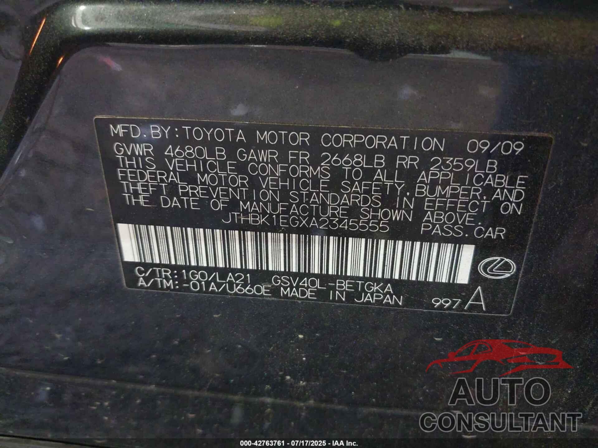 LEXUS ES 350 2010 - JTHBK1EGXA2345555