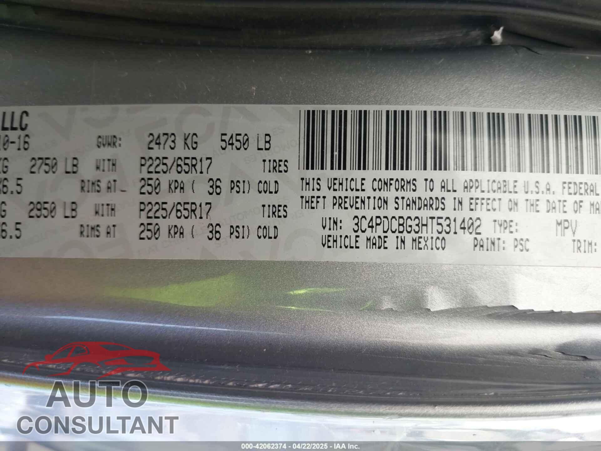 DODGE JOURNEY 2017 - 3C4PDCBG3HT531402