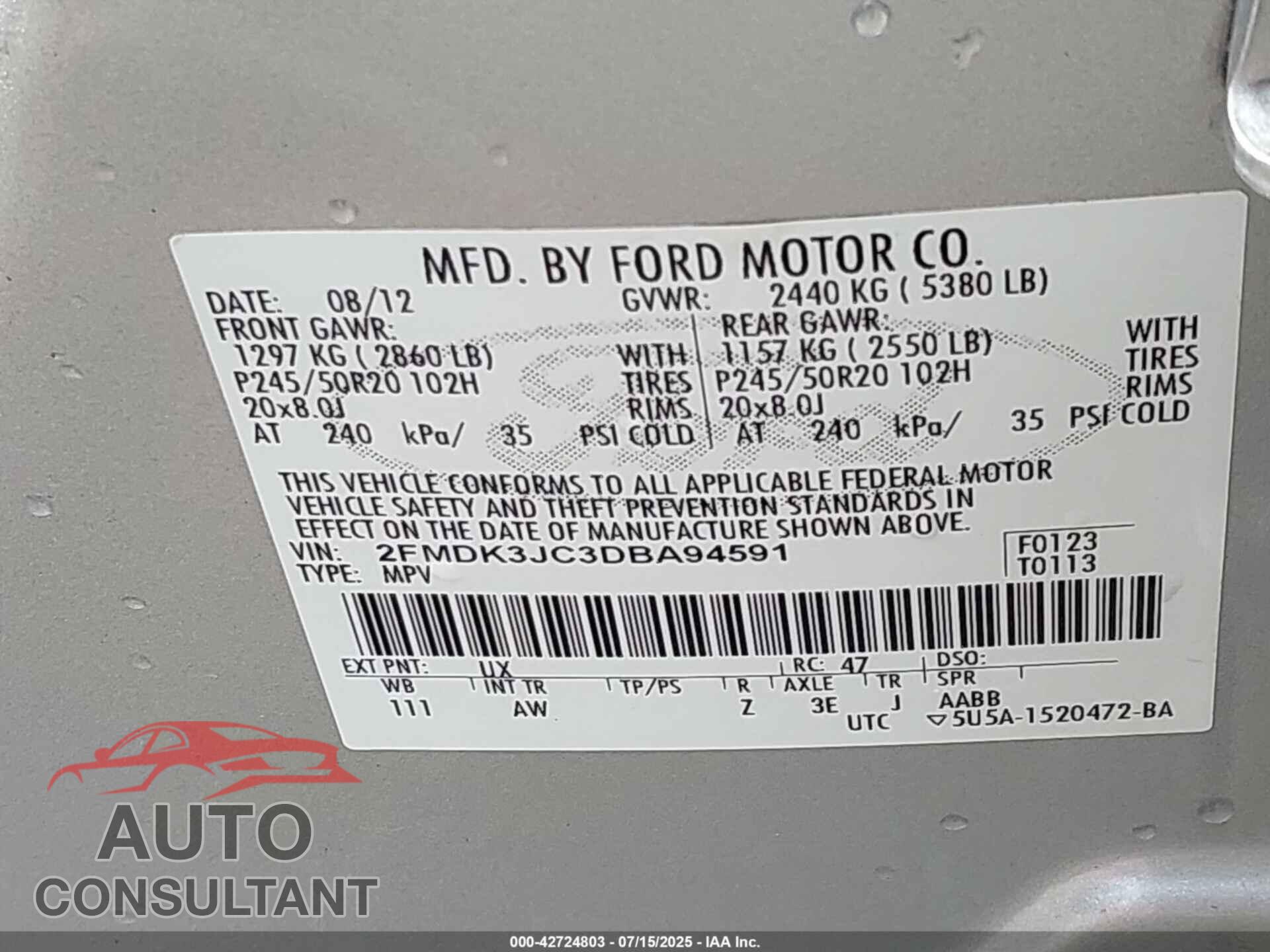 FORD EDGE 2013 - 2FMDK3JC3DBA94591