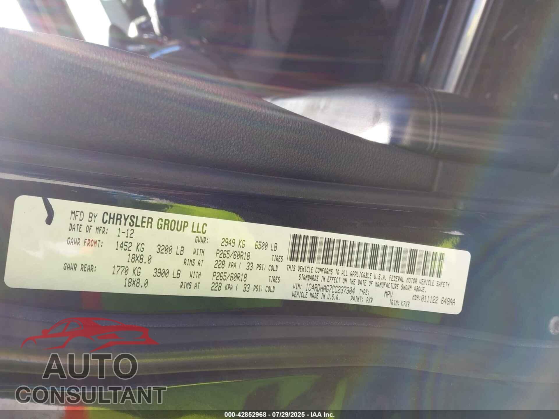 DODGE DURANGO 2012 - 1C4RDHAG7CC237304