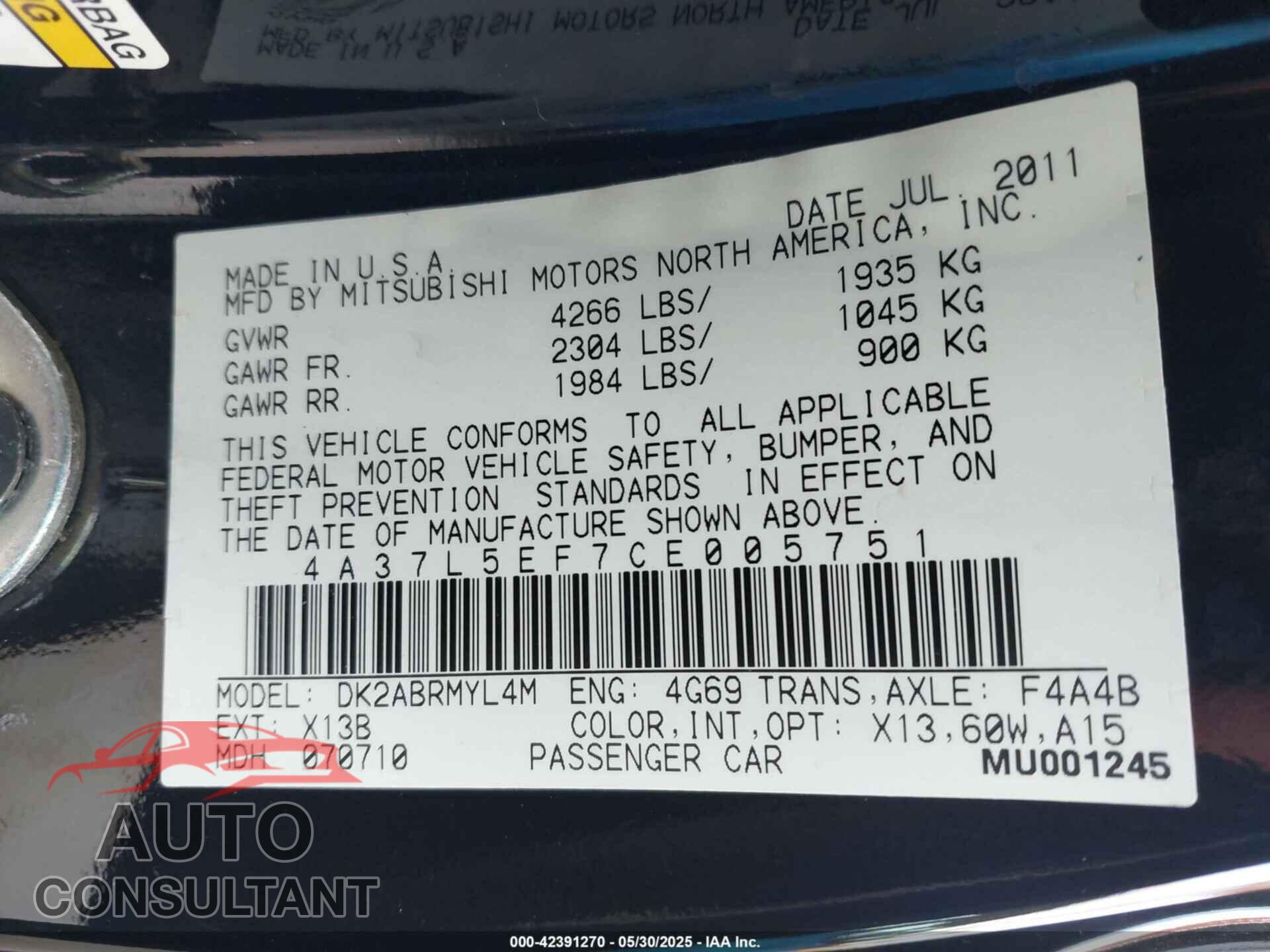 MITSUBISHI ECLIPSE SPYDER 2012 - 4A37L5EF7CE005751