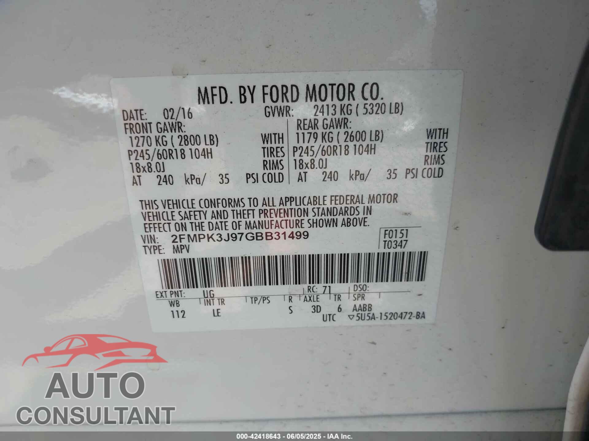 FORD EDGE 2016 - 2FMPK3J97GBB31499