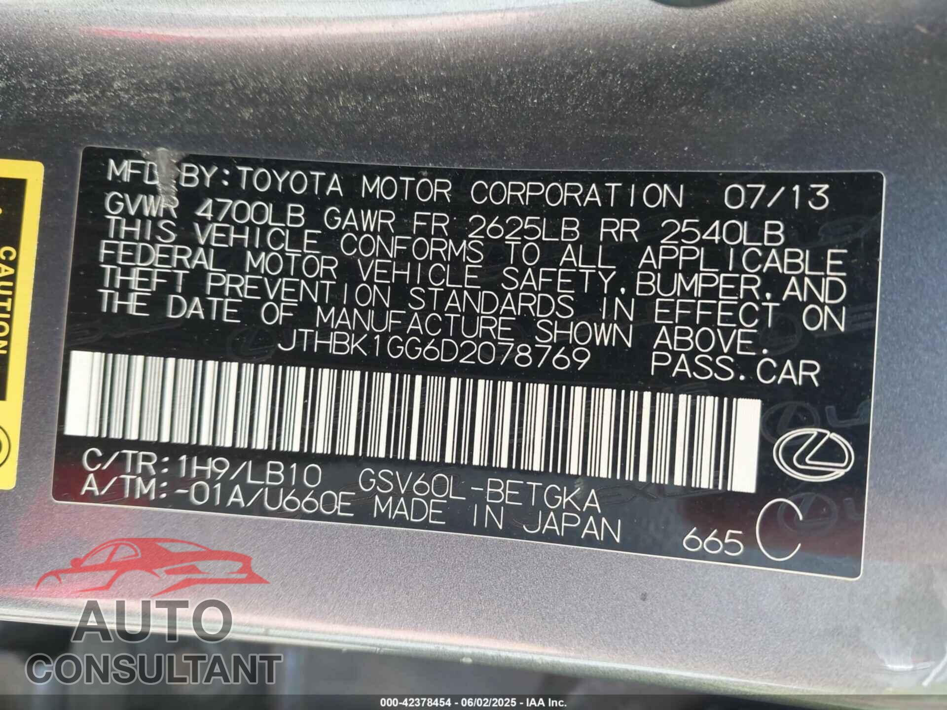 LEXUS ES 2013 - JTHBK1GG6D2078769