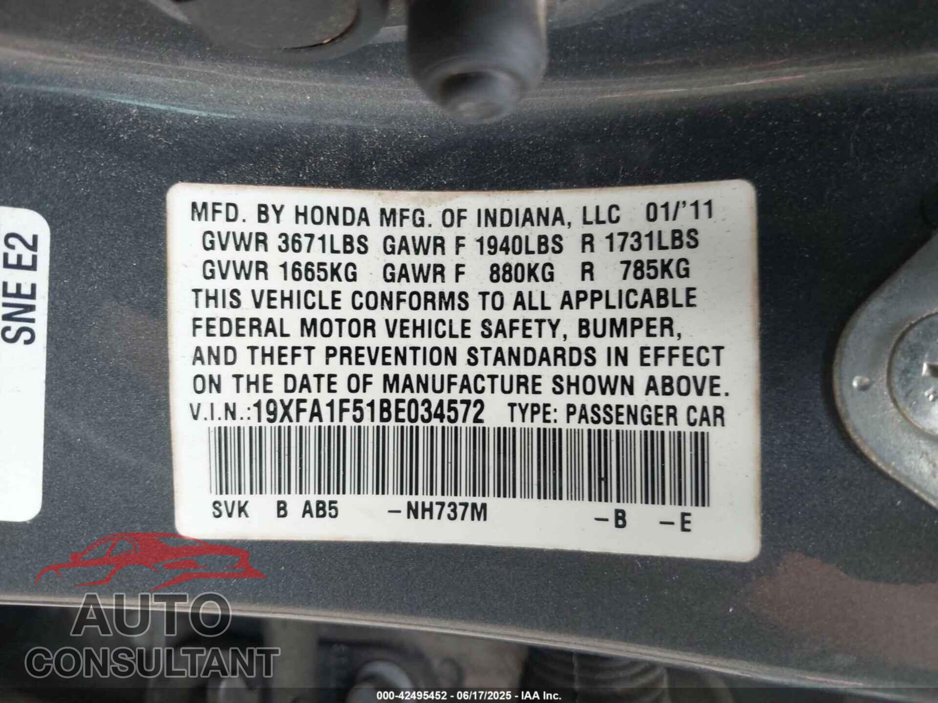 HONDA CIVIC 2011 - 19XFA1F51BE034572