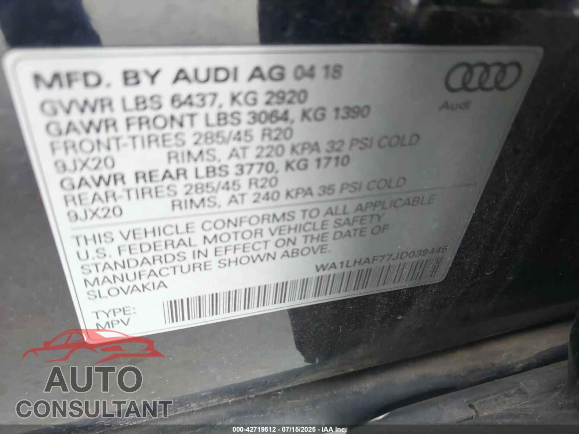AUDI Q7 2018 - WA1LHAF77JD039446