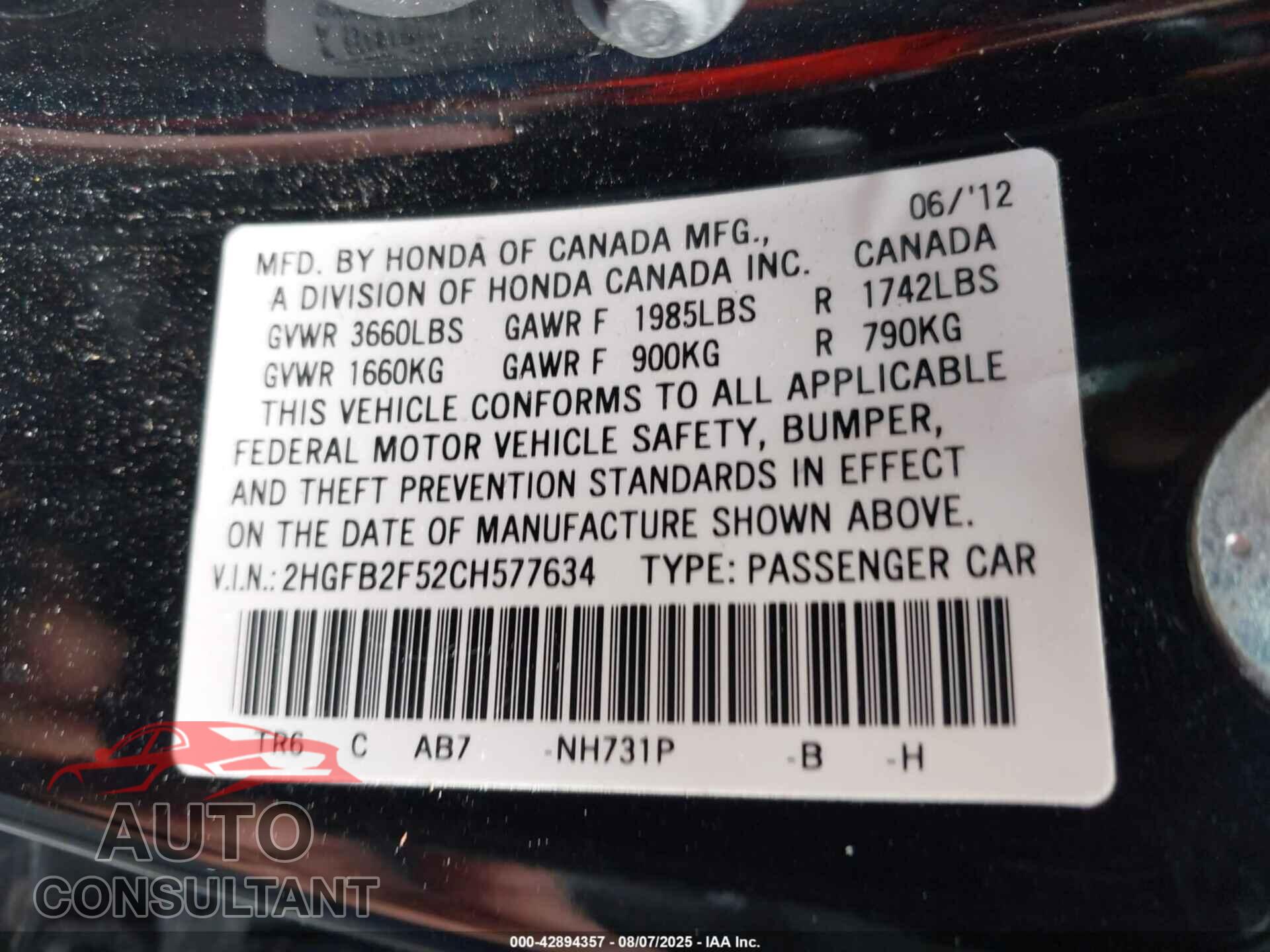 HONDA CIVIC 2012 - 2HGFB2F52CH577634
