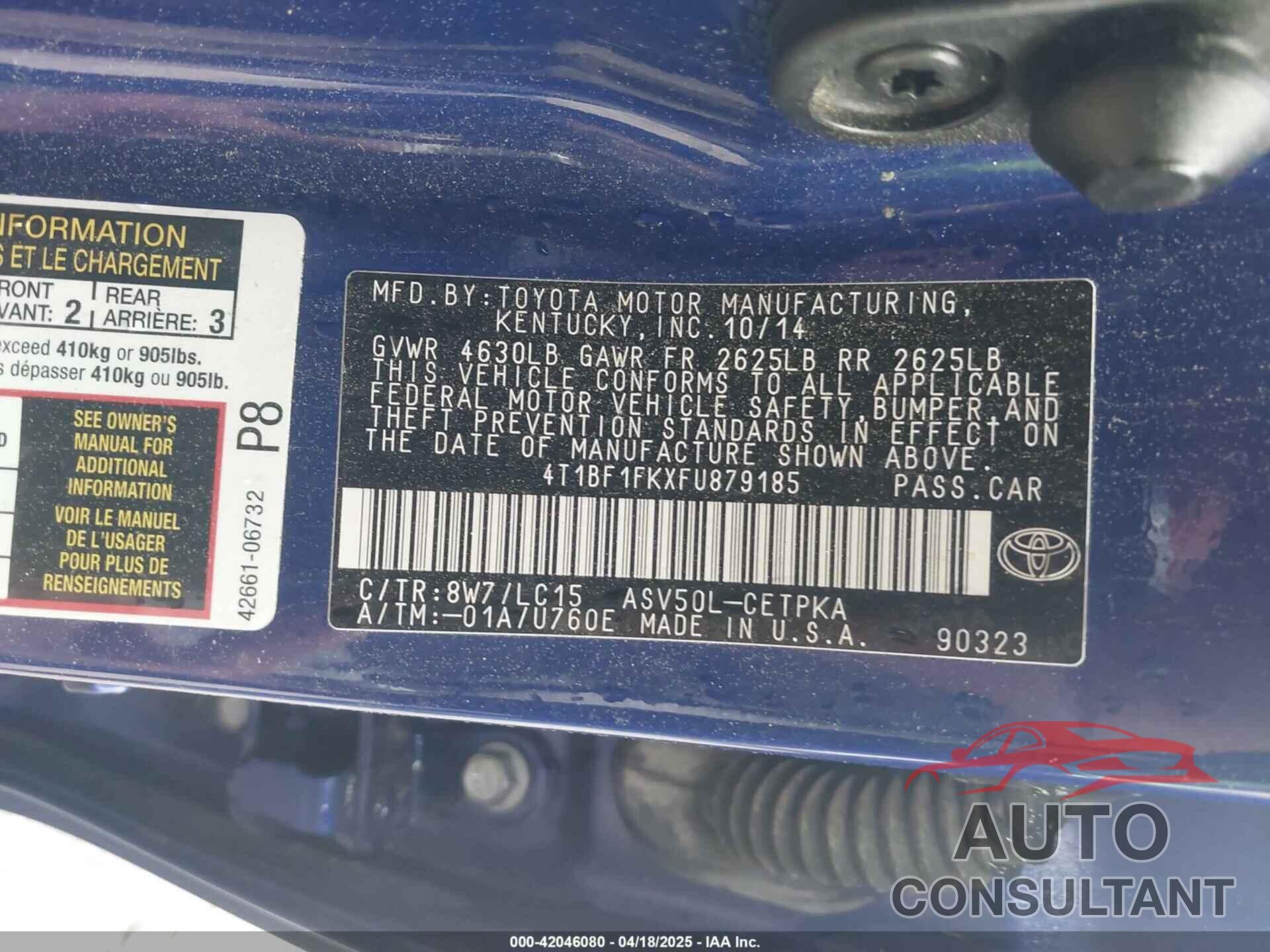 TOYOTA CAMRY 2015 - 4T1BF1FKXFU879185