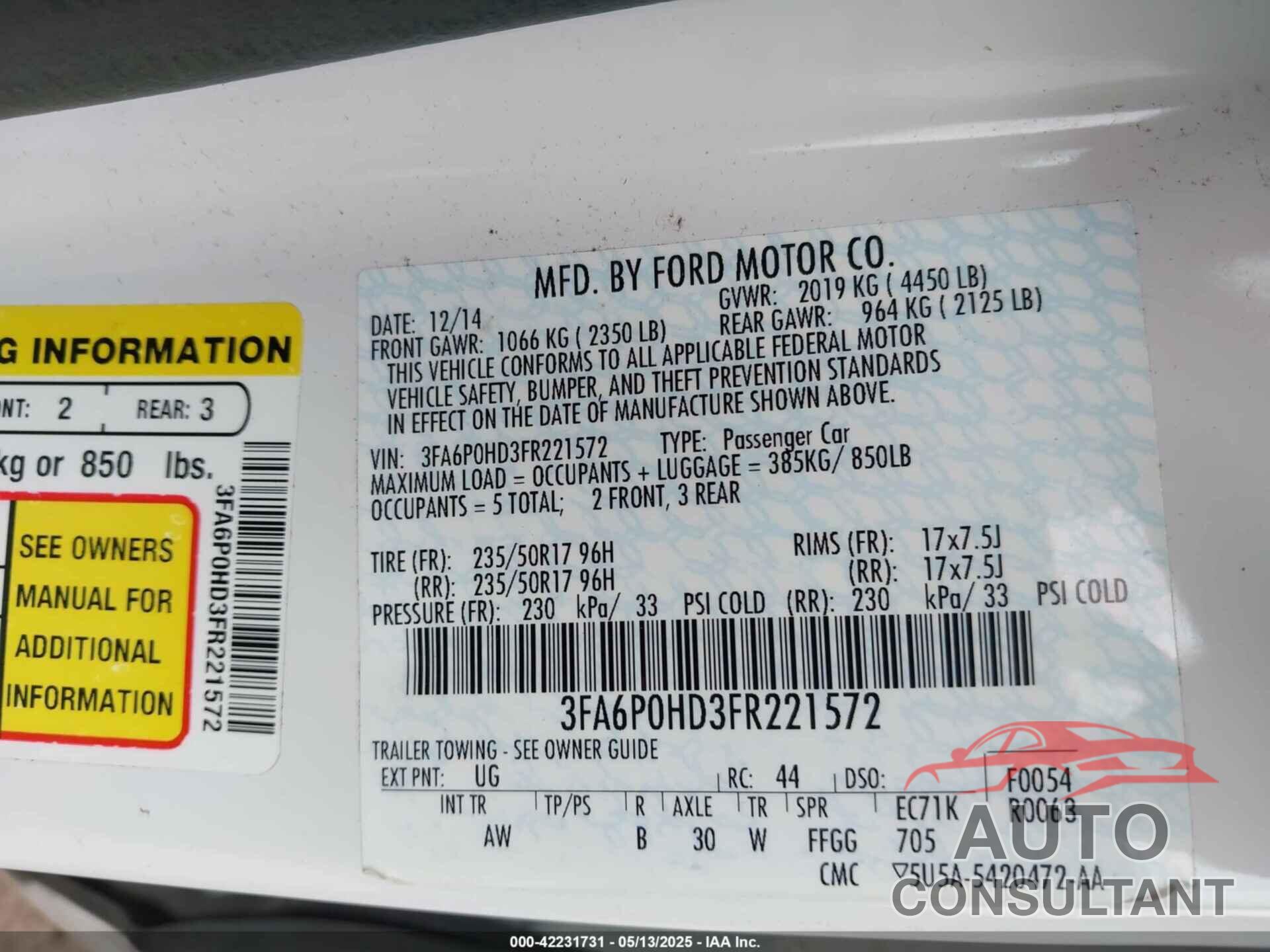 FORD FUSION 2015 - 3FA6P0HD3FR221572