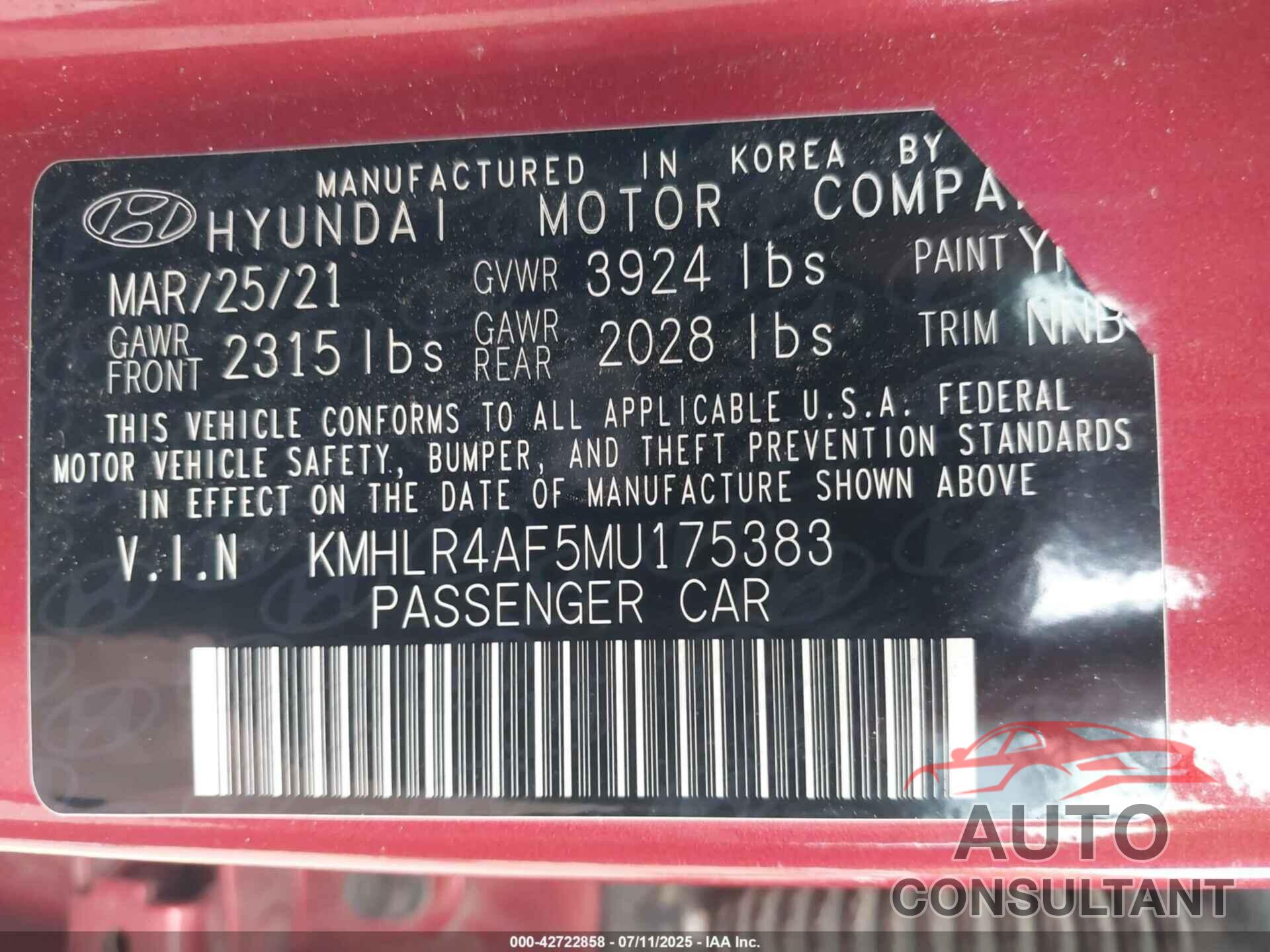 HYUNDAI ELANTRA 2021 - KMHLR4AF5MU175383