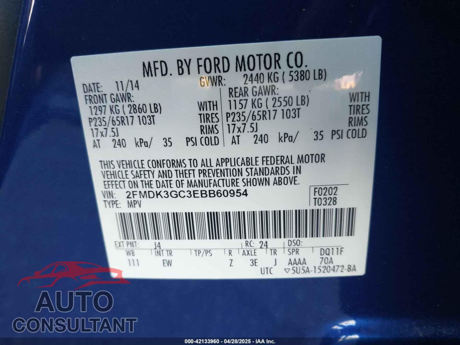 FORD EDGE 2014 - 2FMDK3GC3EBB60954