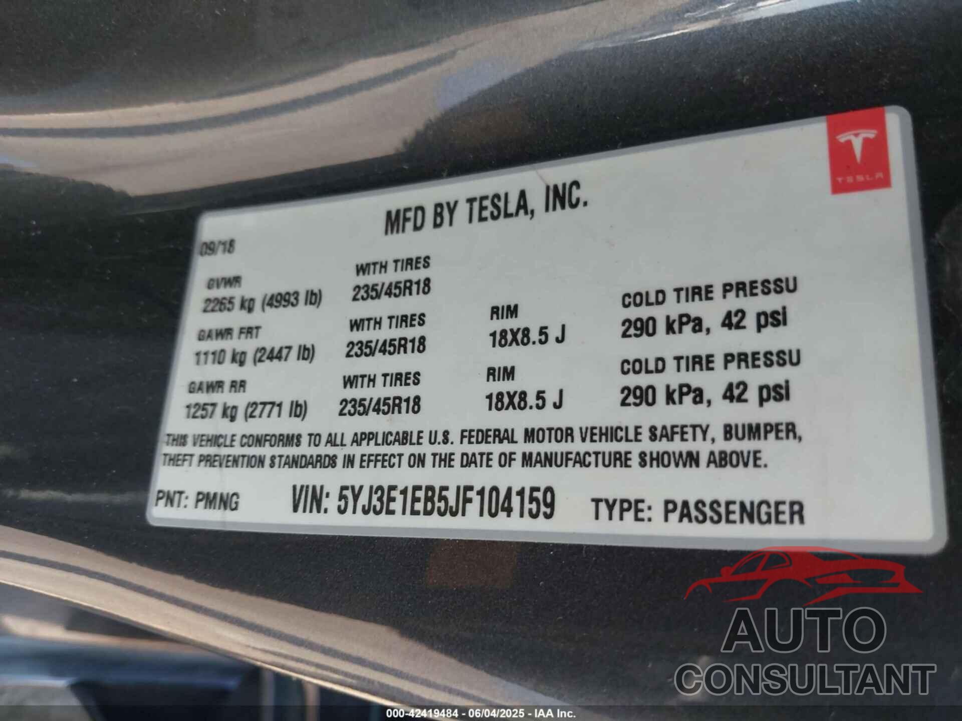 TESLA MODEL 3 2018 - 5YJ3E1EB5JF104159